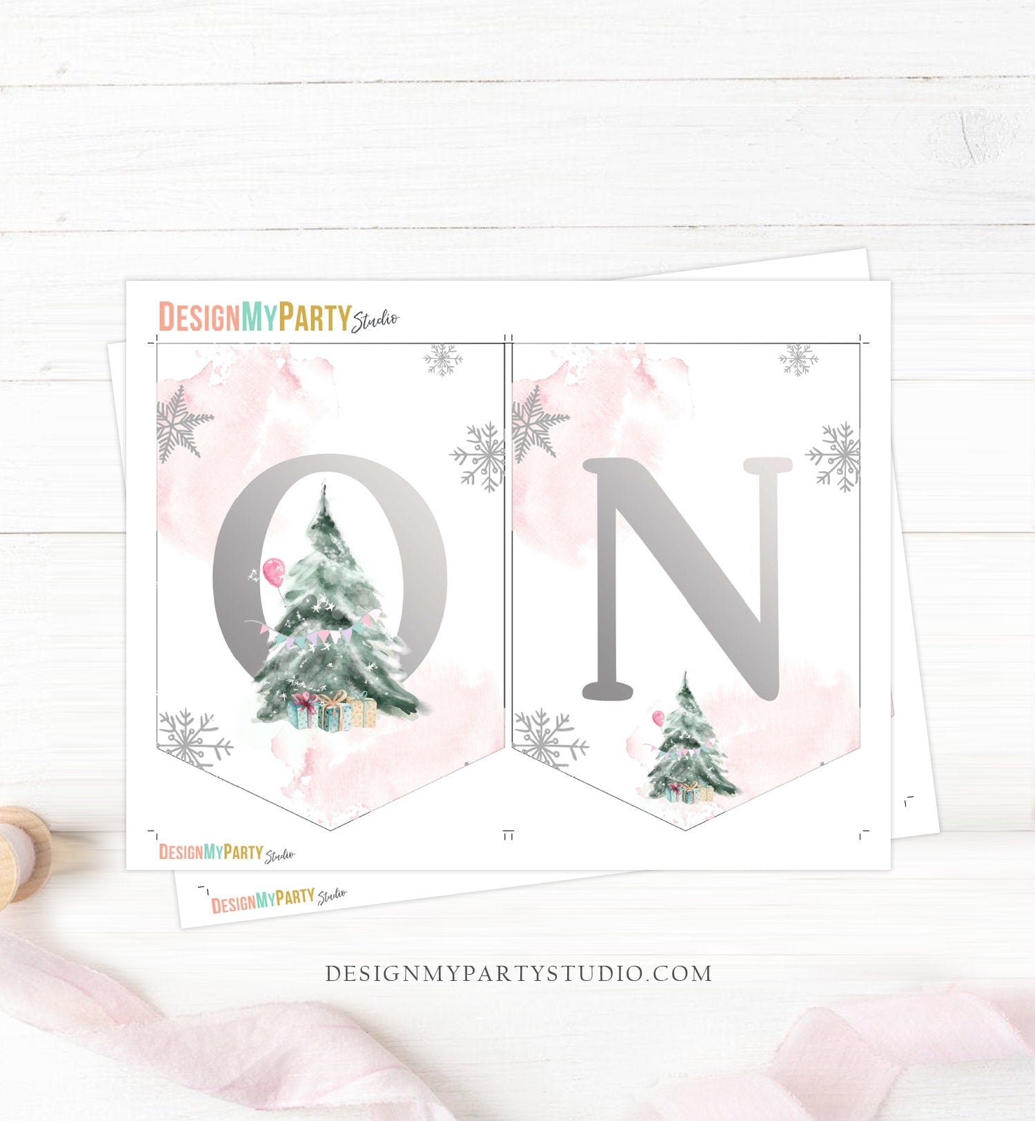 One High Chair Banner Winter Onederland Girl 1st First Birthday Pink Christmas Oh What Fun ONE Tree Decor Digital Download Printable 0363