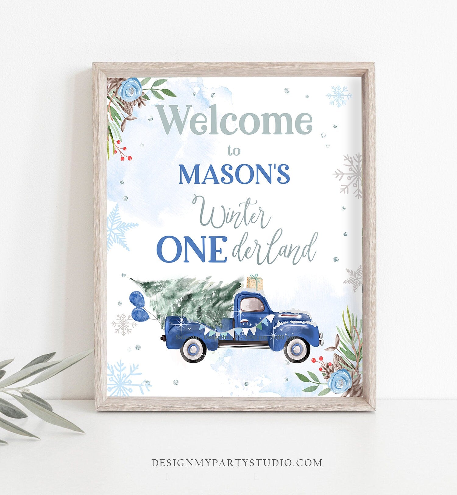 Editable Winter Onederland Welcome Sign Tree Blue Boy Silver First Birthday Snowflake Wonderland Truck Tree Digital Template Printable 0356
