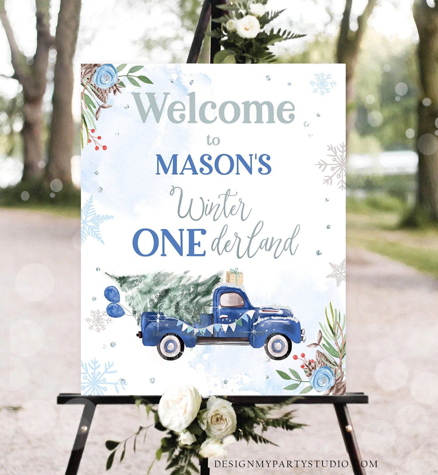 Editable Winter Onederland Welcome Sign Tree Blue Boy Silver First Birthday Snowflake Wonderland Truck Tree Digital Template Printable 0356