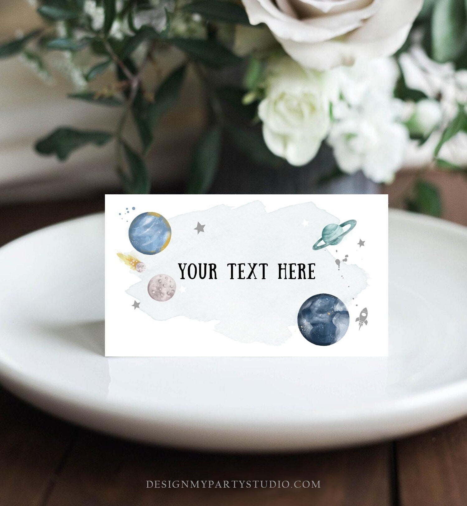 Editable Outer Space Food Label Birthday Galaxy Insert Card Label Place Card Tent Astronaut Around the Sun Silver Template Printable 0357