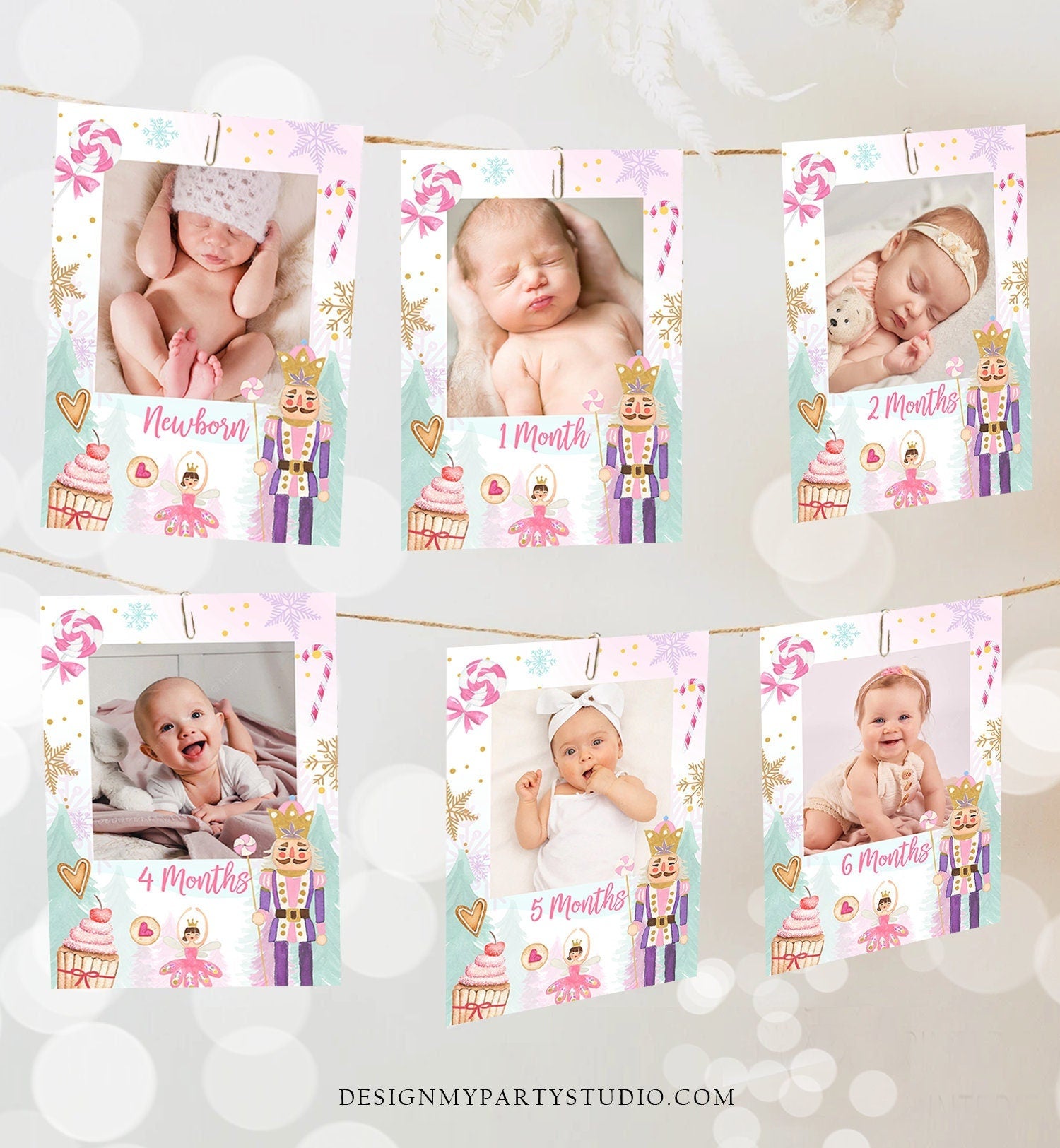 Editable Nutcracker First Birthday Banner Monthly Photo Banner 1st Land of Sweets Sugar Plum Fairy Christmas Corjl Template Printable 0352