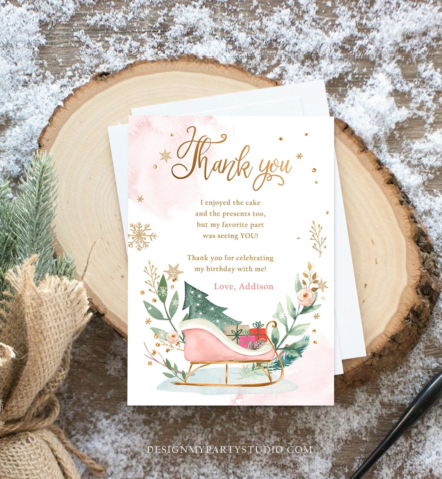 Editable Sleigh Winter Tree Thank You Card Birthday Watercolor Baby Its Cold Outside Baby Shower Pink Girl Digital Template Printable 0353