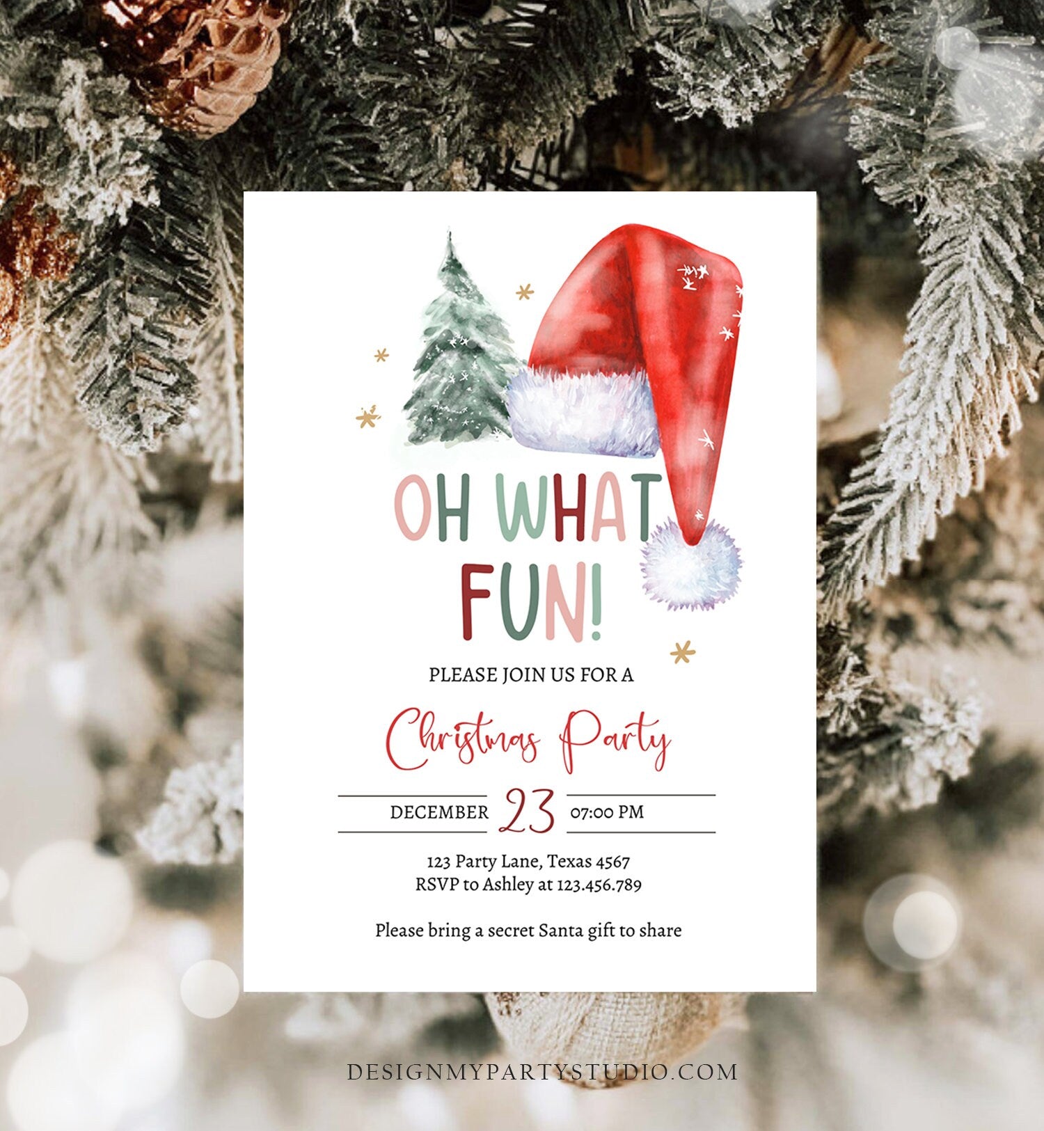 Editable Christmas Party Invitation Kids Holiday Santa Hat Oh What Fun Invite Christmas Birthday Digital Template Download Printable 0444