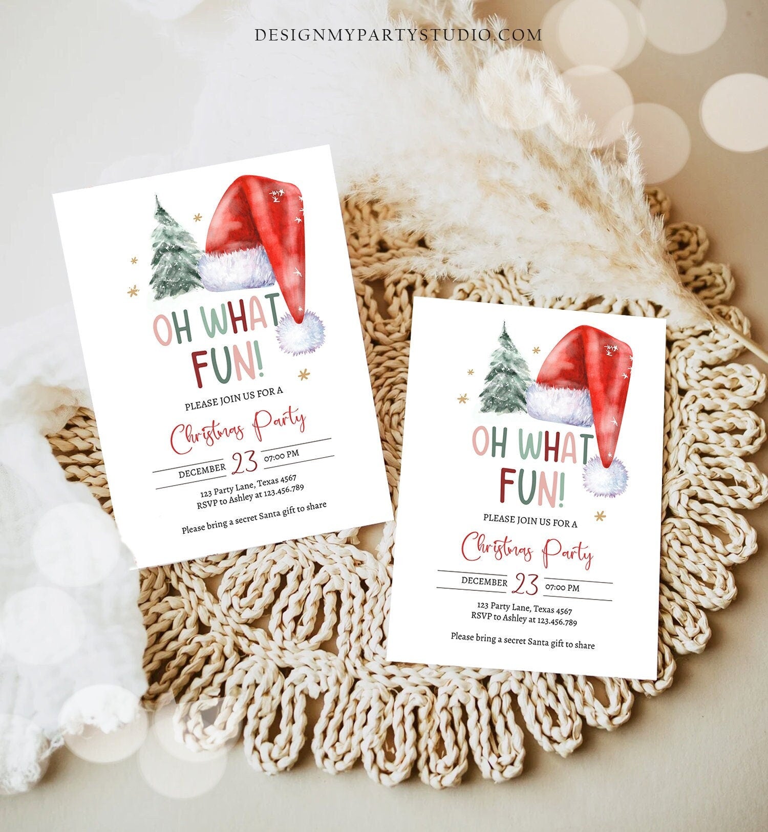 Editable Christmas Party Invitation Kids Holiday Santa Hat Oh What Fun Invite Christmas Birthday Digital Template Download Printable 0444