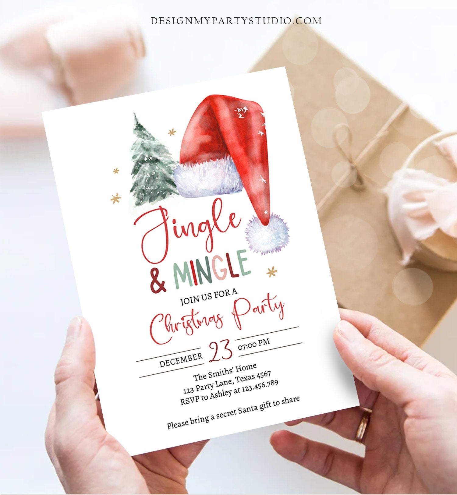 Editable Jingle & Mingle Christmas Party Invitation Tree Holiday Party Invite Santa Hat Invite Corjl Template Download Printable 0444