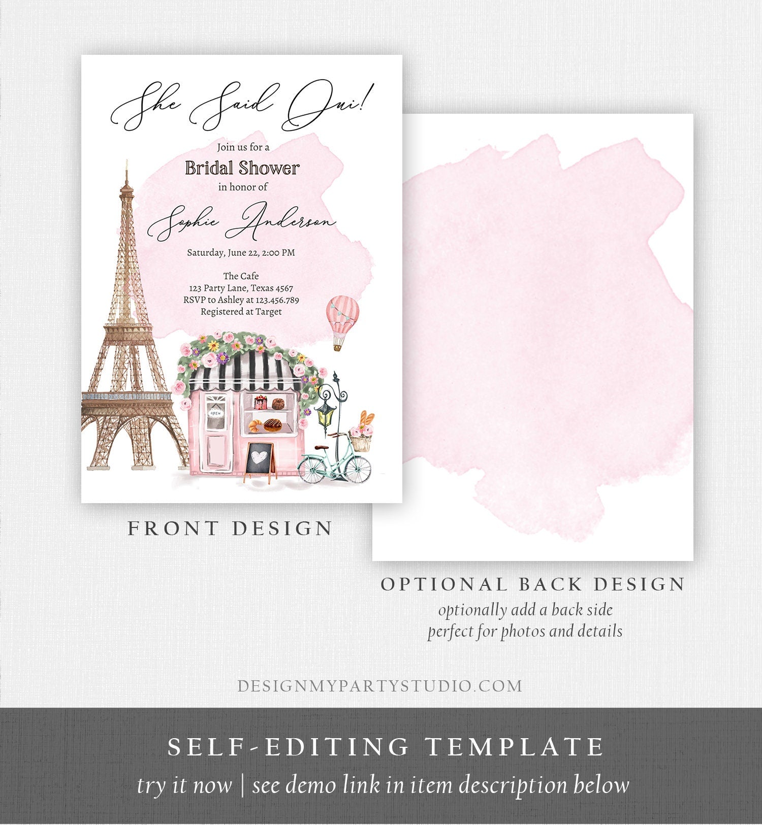 Editable Paris Bridal Shower Invitation She Said Oui French Patisserie Parisian Eiffel Tower Floral Digital Download Template Printable 0441