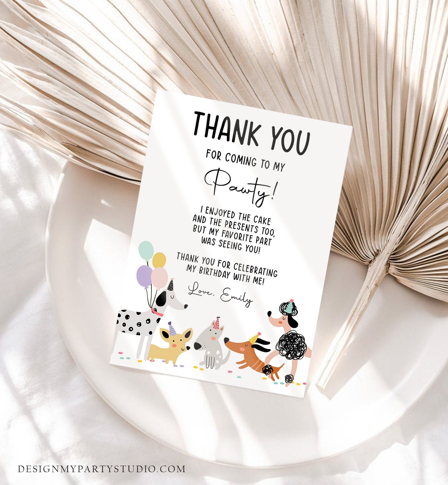 Editable Dog Birthday Thank You Card Puppy Birthday Invite Pink Girl Pawty Birthday Animal Pet Vet Digital Download Template Printable 0429