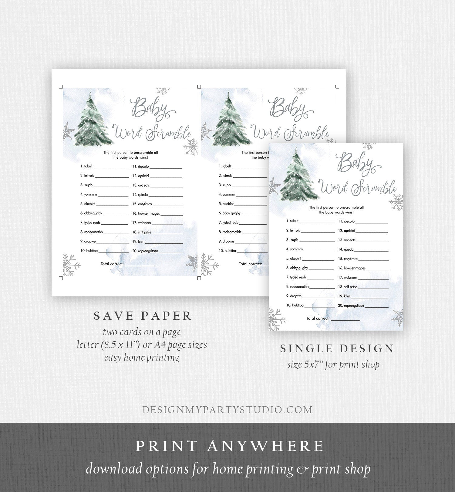 Editable Word Scramble Baby Shower Game Word Search Winter Shower Cold Outside Snowflake Blue Boy Activity Corjl Template Printable 0363