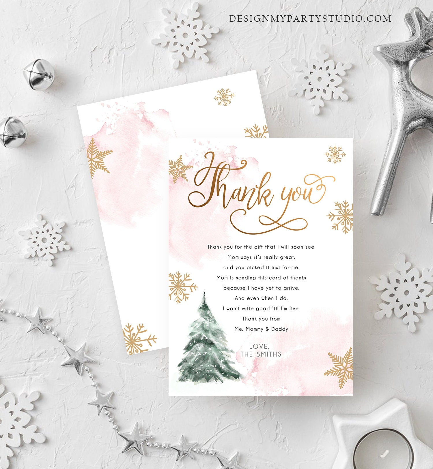 Editable Winter Tree Thank You Card Watercolor Baby Its Cold Outside Baby Shower Pink Girl Gold Neutral Snow Digital Template Printable 0363