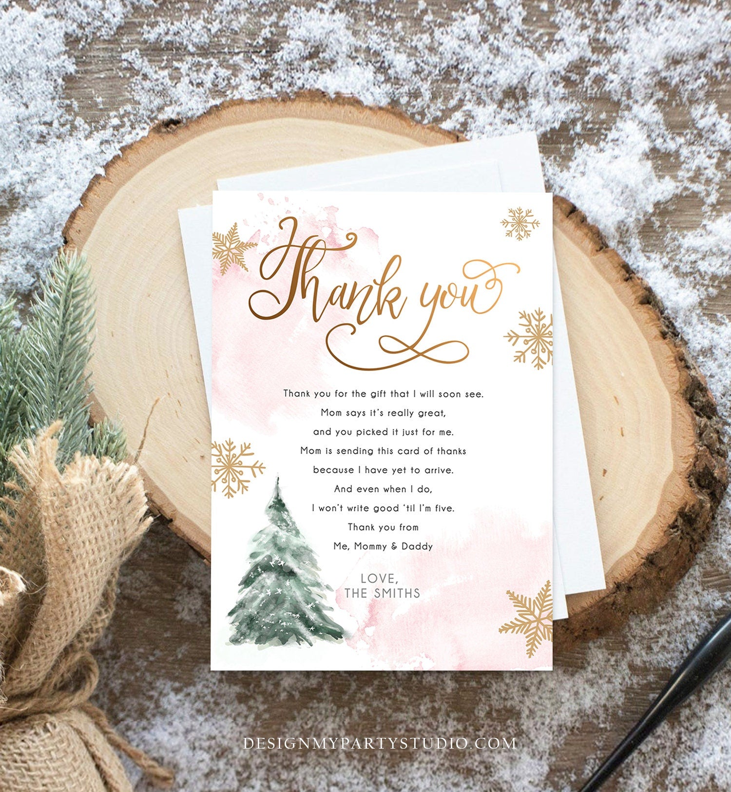 Editable Winter Tree Thank You Card Watercolor Baby Its Cold Outside Baby Shower Pink Girl Gold Neutral Snow Digital Template Printable 0363