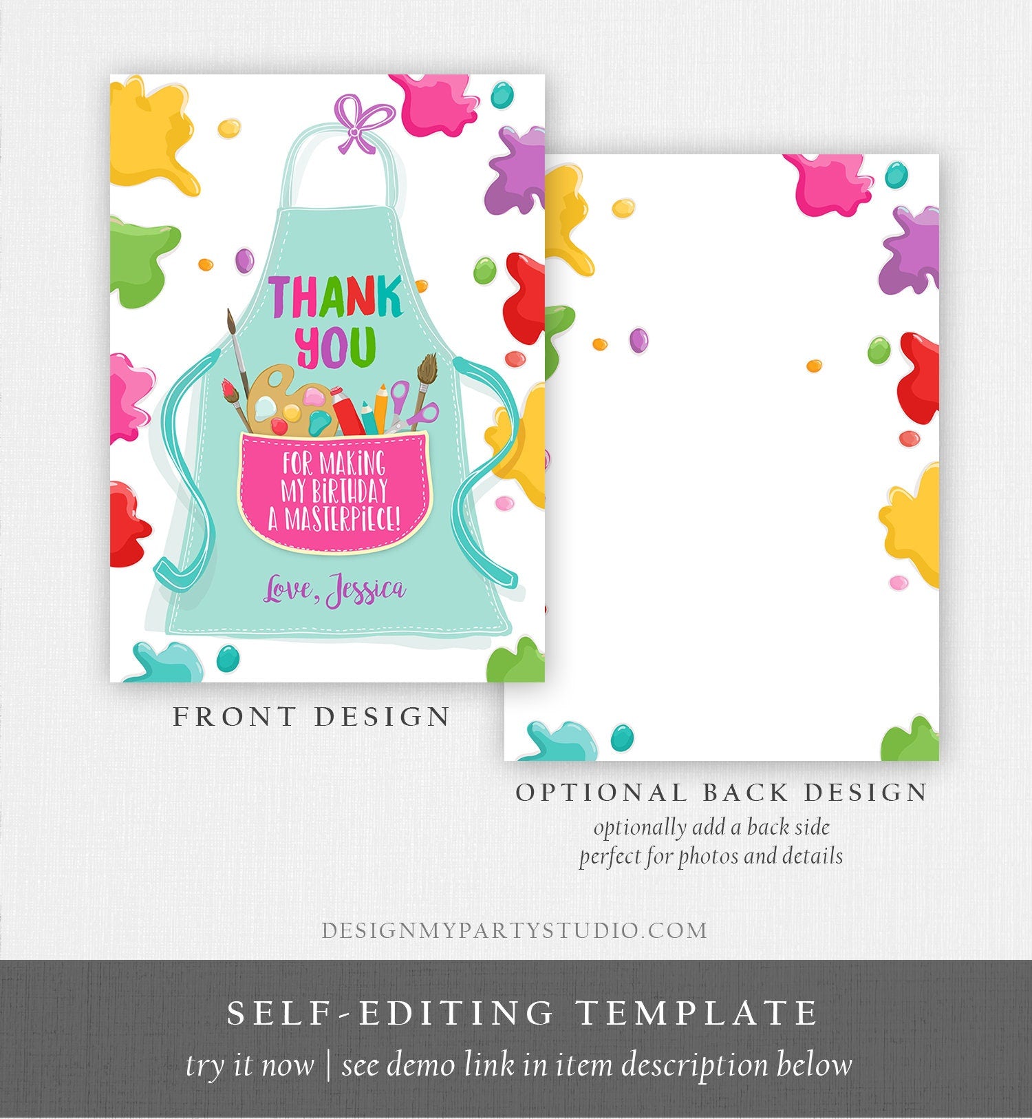 Editable Art Party Thank You Card Girl Boy Birthday Painting Crafting Party Paint Craft Apron Arts Digital Download Template Printable 0319
