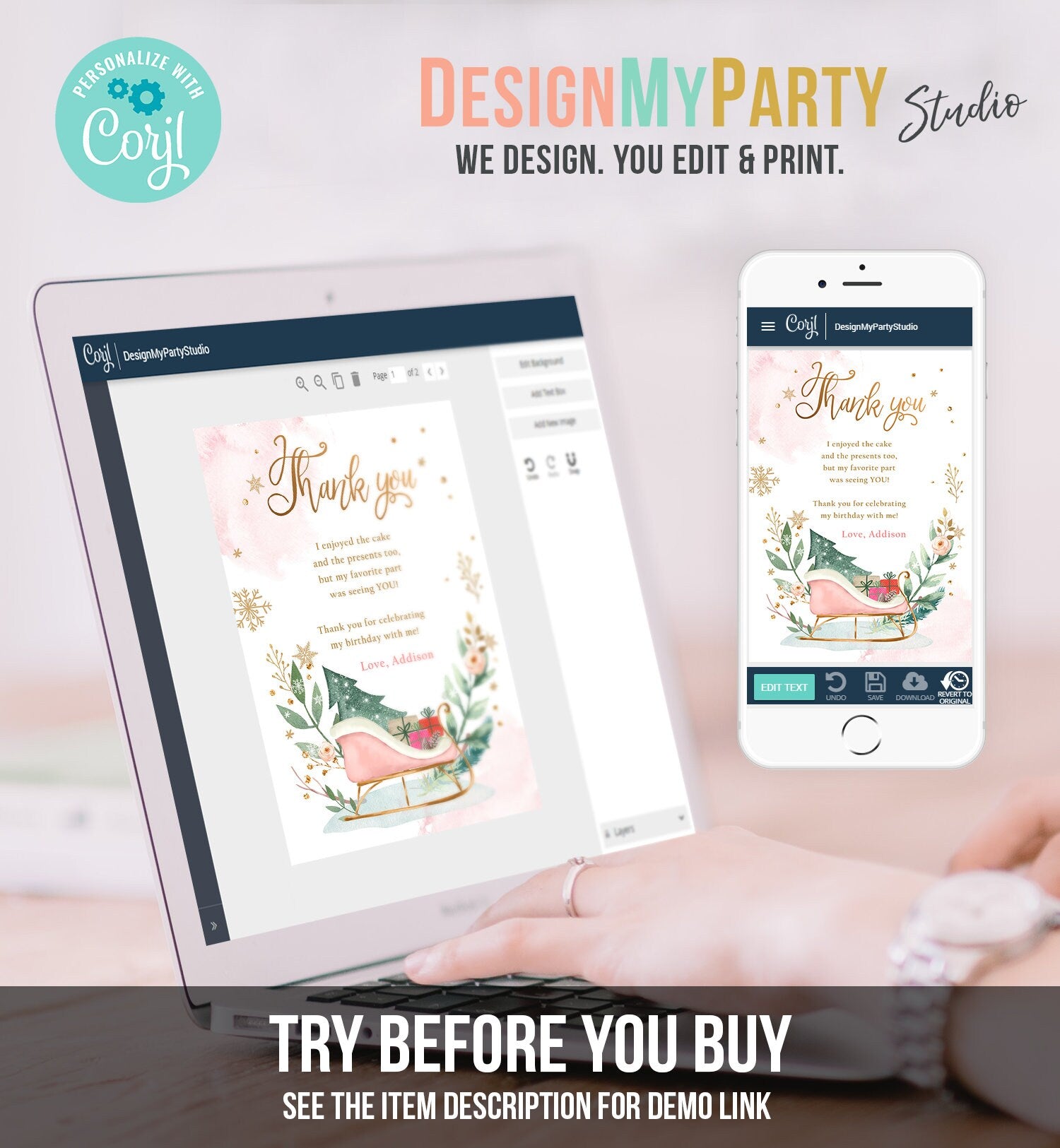 Editable Sleigh Winter Tree Thank You Card Birthday Watercolor Baby Its Cold Outside Baby Shower Pink Girl Digital Template Printable 0353