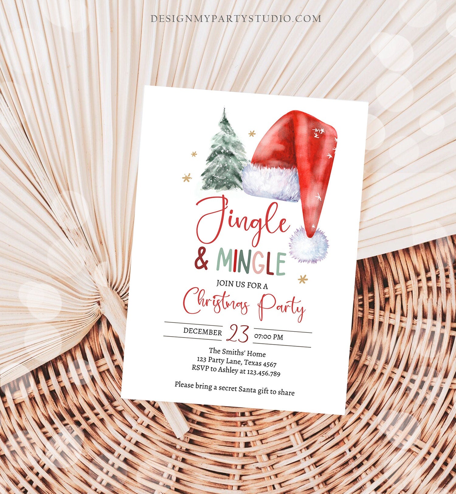Editable Jingle & Mingle Christmas Party Invitation Tree Holiday Party Invite Santa Hat Invite Corjl Template Download Printable 0444