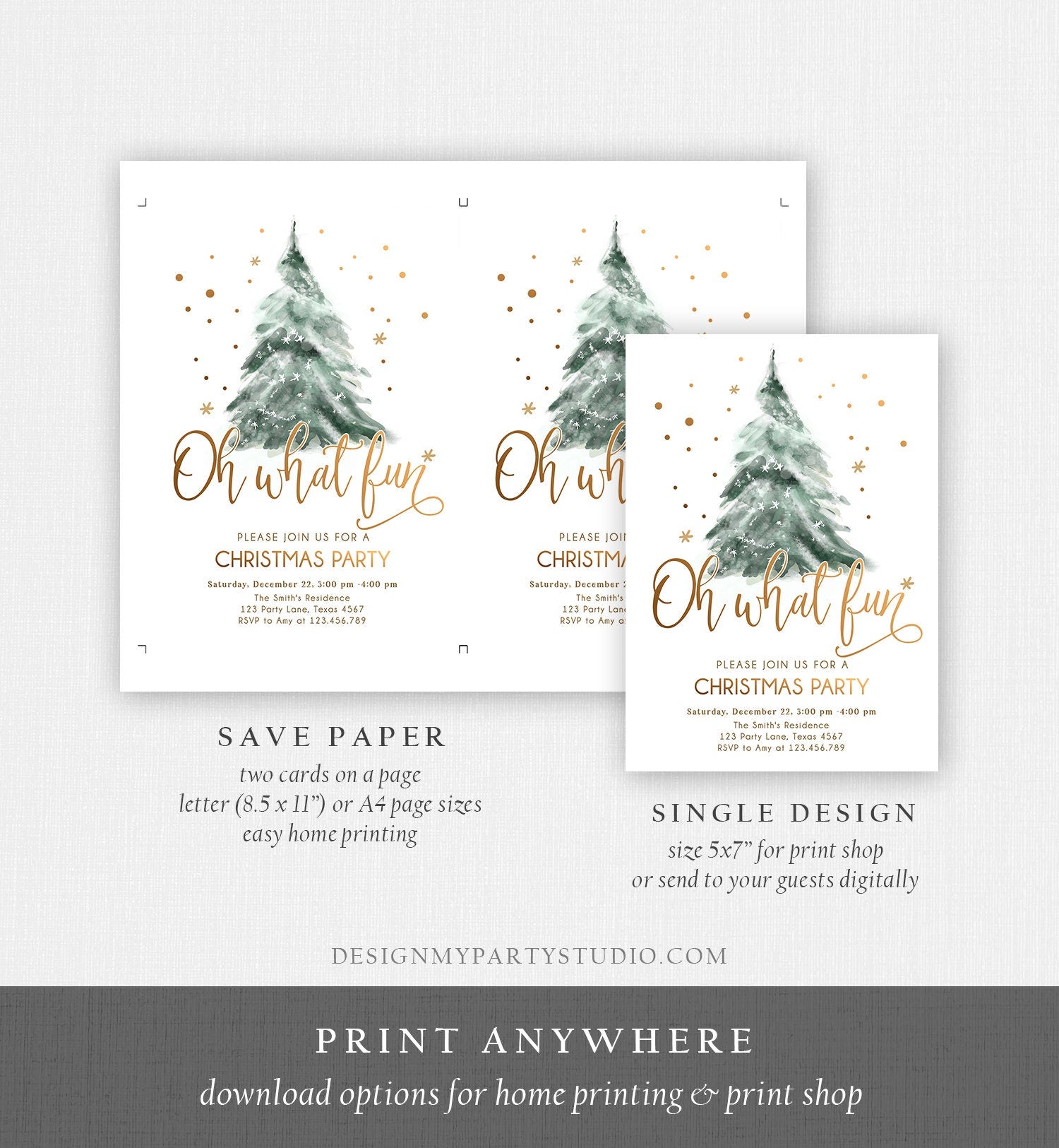 Editable Christmas Party Invitation Winter Tree Oh What Fun Invite Holiday Party Birthday Invite Corjl Template Download Printable 0363