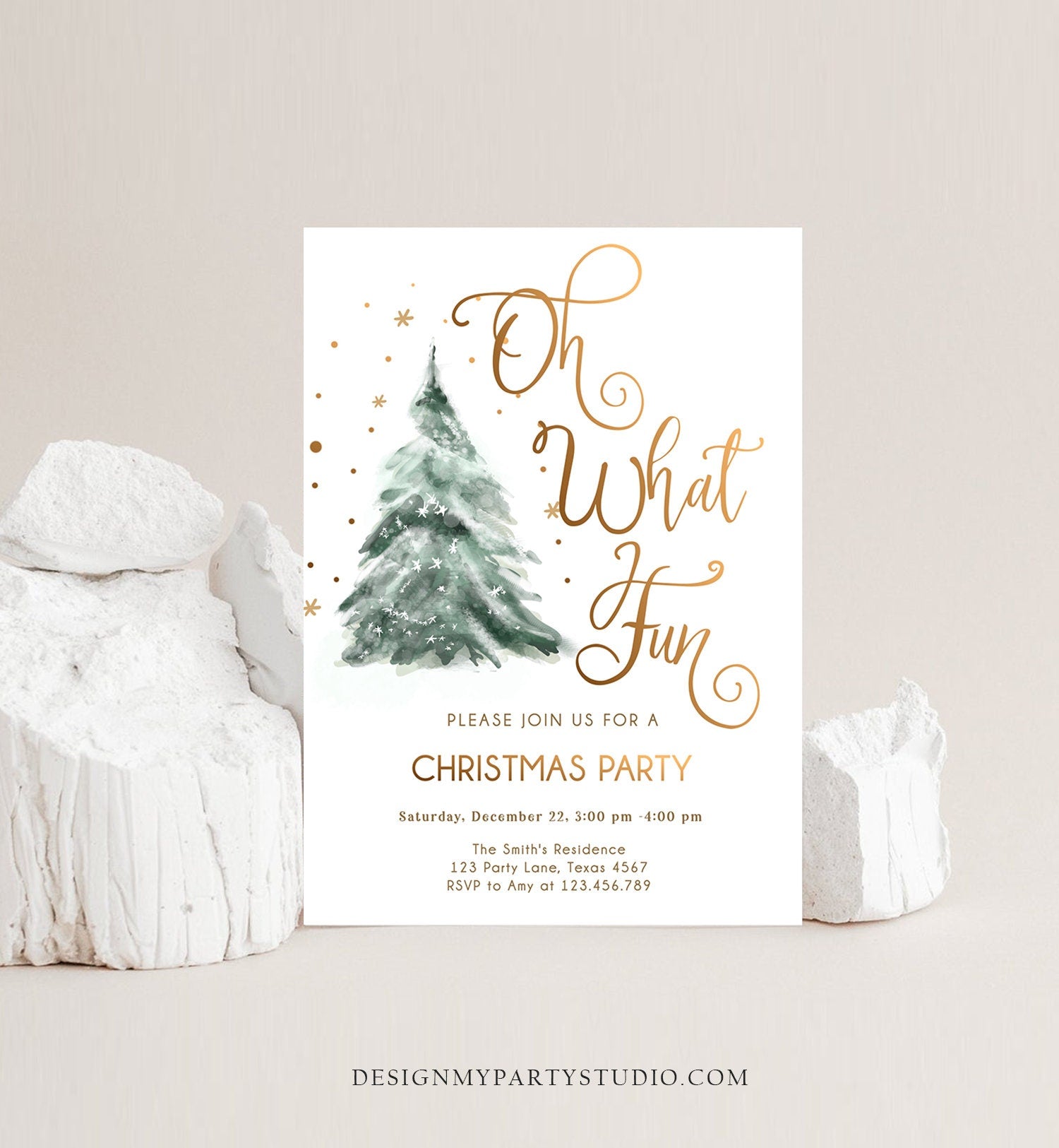 Editable Christmas Party Invitation Winter Tree Oh What Fun Holiday Party Birthday Evite Template Digital Download Printable 0363