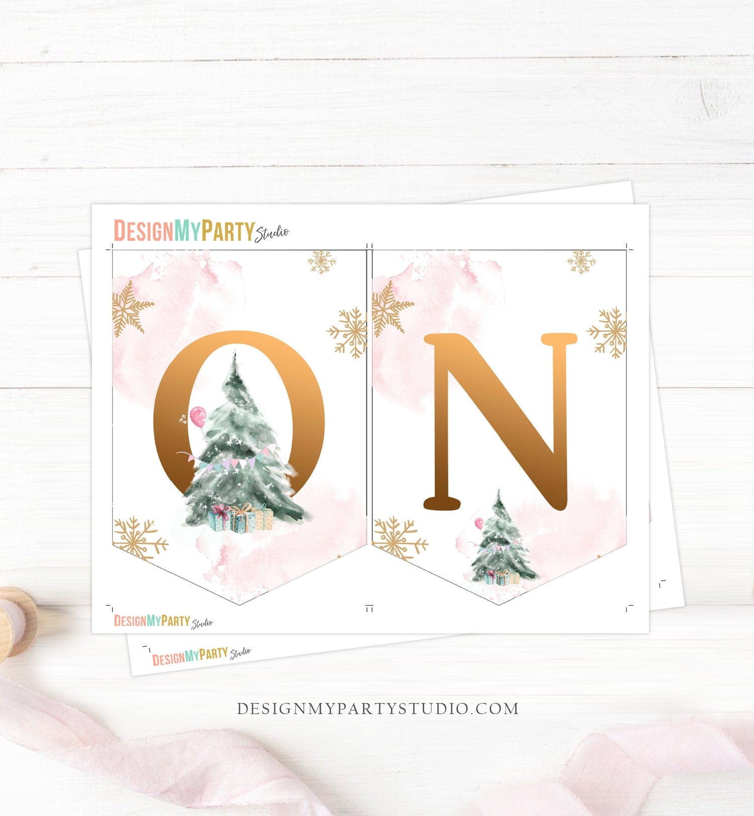 One High Chair Banner Winter Onederland Girl 1st First Birthday Pink Christmas Birthday Oh What Fun ONE Tree Decor Digital Printable 0363