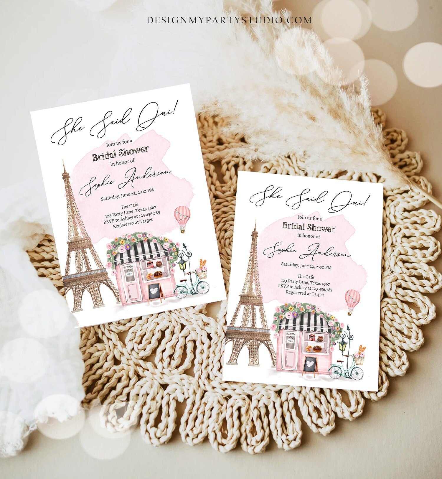 Editable Paris Bridal Shower Invitation She Said Oui French Patisserie Parisian Eiffel Tower Floral Digital Download Template Printable 0441
