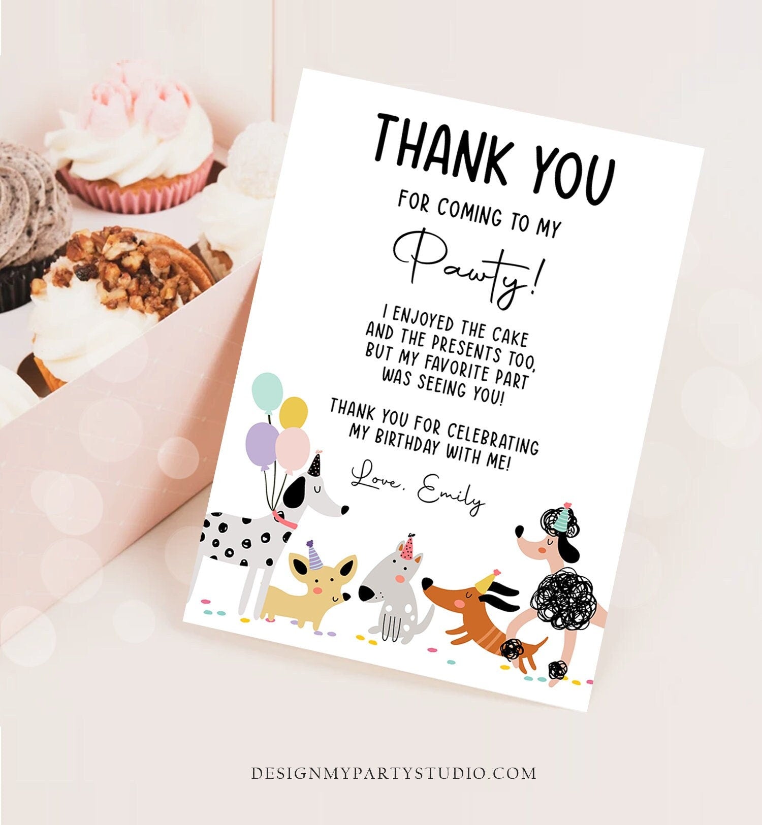 Editable Dog Birthday Thank You Card Puppy Birthday Invite Pink Girl Pawty Birthday Animal Pet Vet Digital Download Template Printable 0429