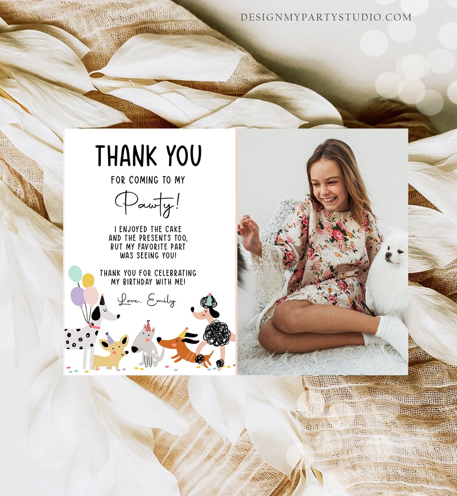 Editable Dog Birthday Thank You Card Puppy Birthday Invite Pink Girl Pawty Birthday Animal Pet Vet Download Printable Template Corjl 0429