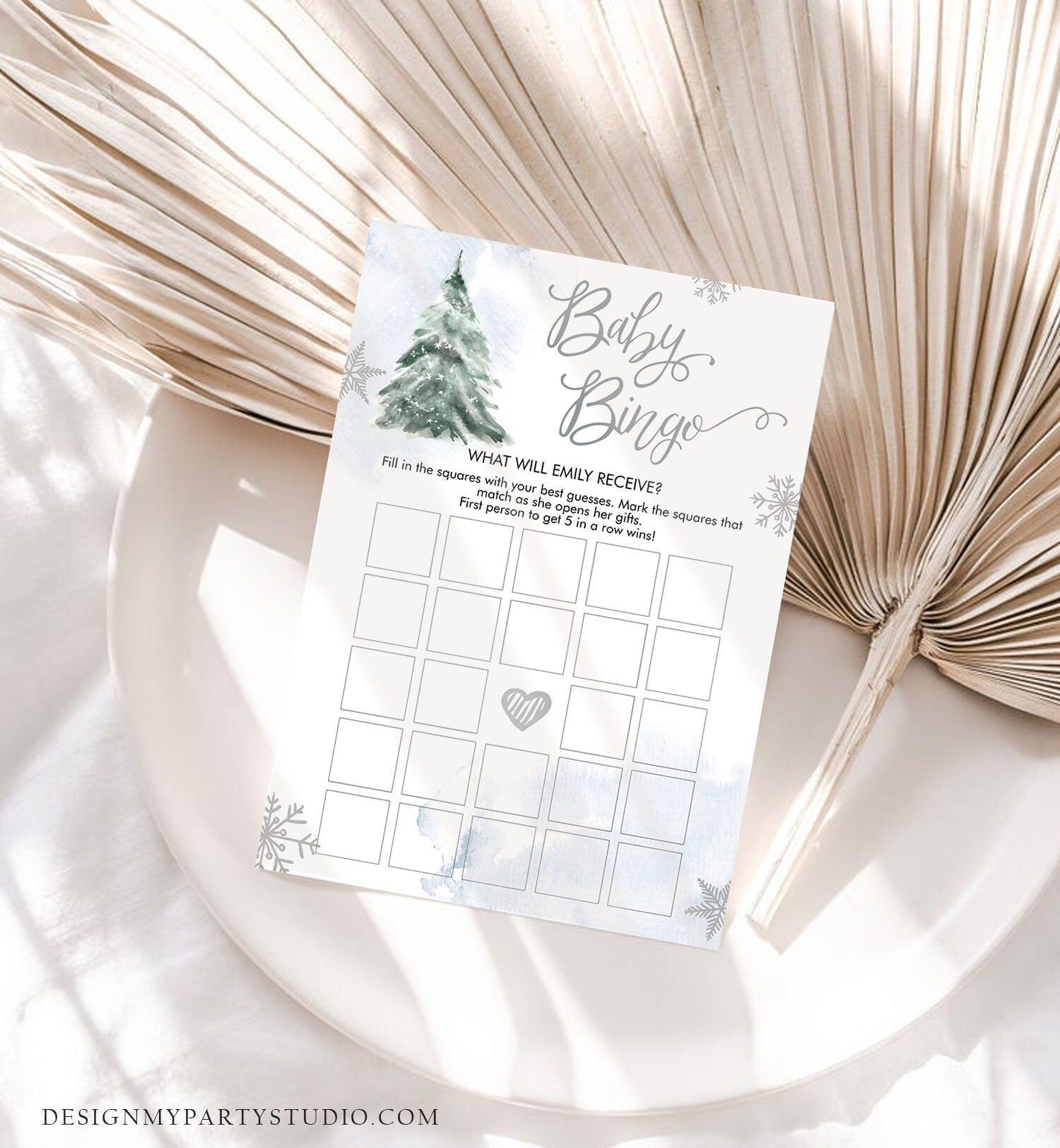 Editable Baby Bingo Baby Shower Game Winter Baby Shower Cold Outside Snowflake Boy Silver Blue Tree Watercolor Corjl Template Printable 0363