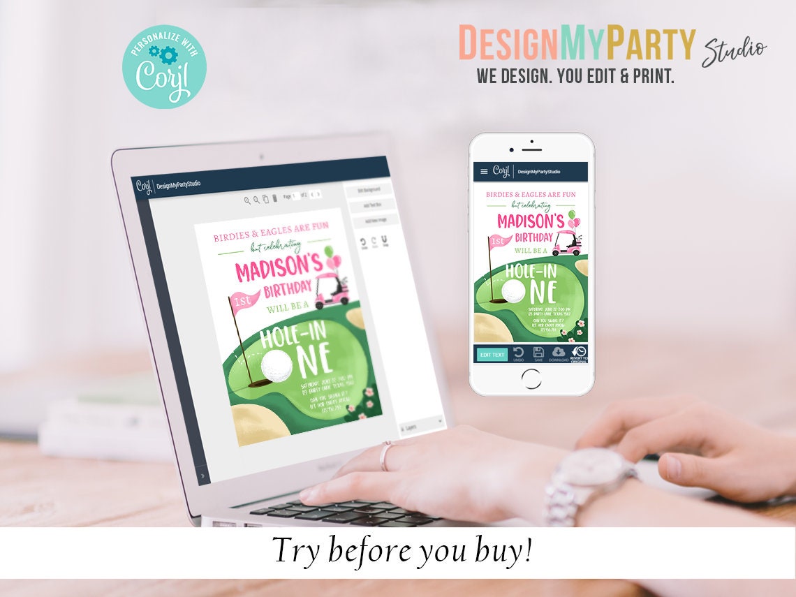Hole in One Birthday Invitation Bundle Golf First Birthday Par-tee Girl Golfing Party Pack One Invite Digital Printable Corjl Template 0405