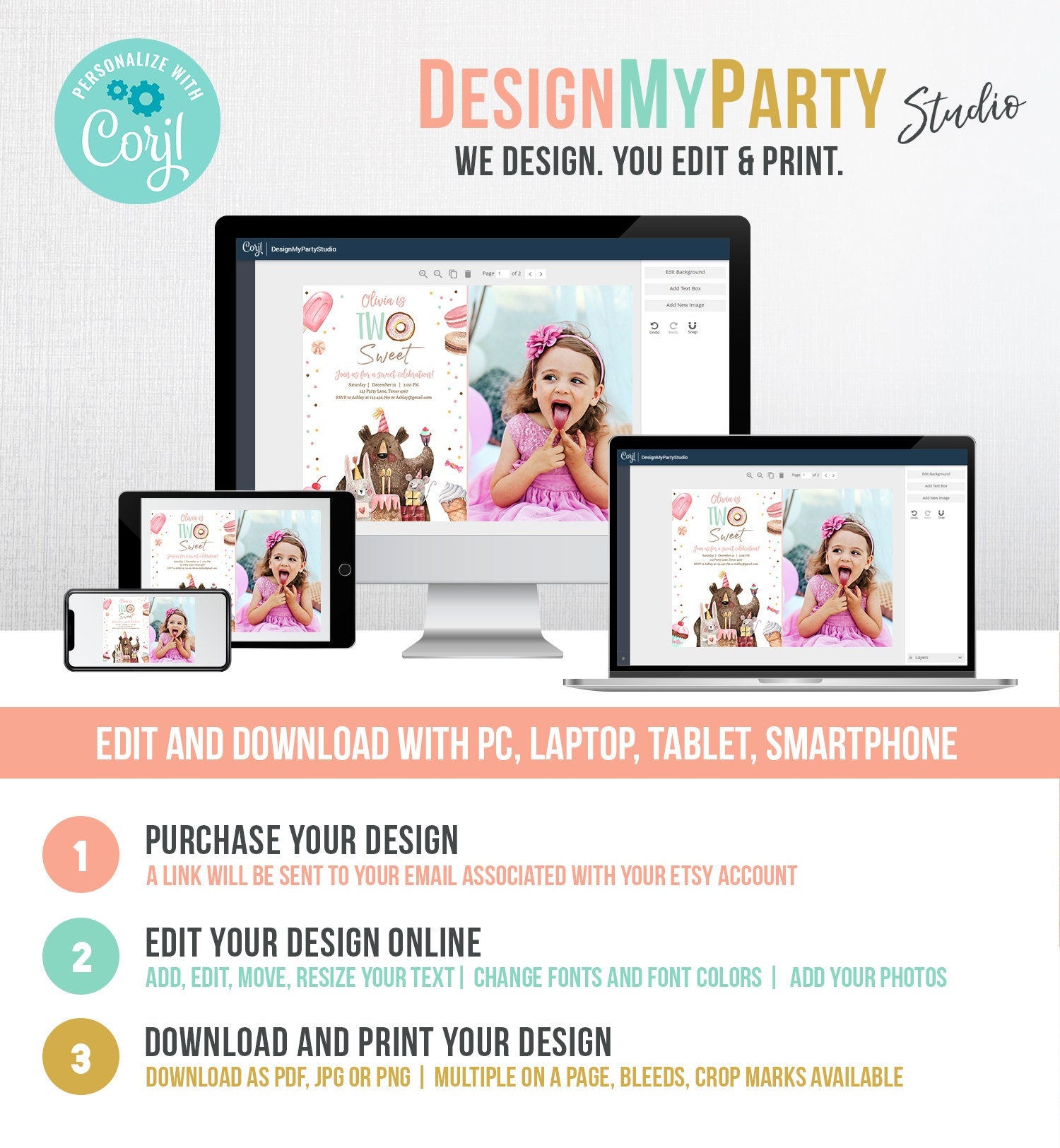 Editable Two Sweet Birthday Invitation Second Birthday Party Girl Donut Ice Cream Animals Digital Download Evite Template Printable 0373