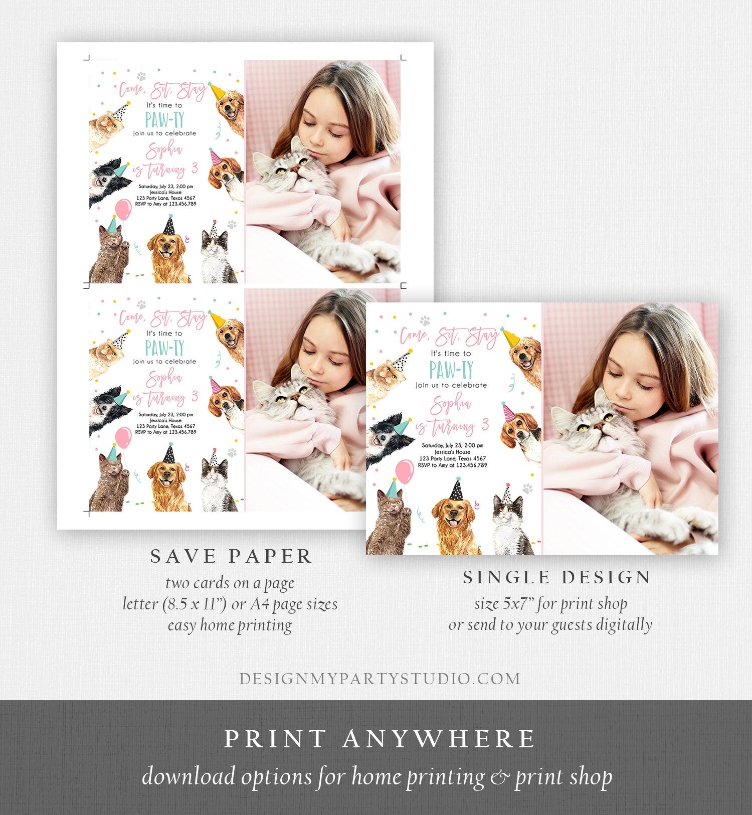 Editable Cats and Dogs Birthday Invitation Cat Dog Birthday Party Invite Girl Kitten Puppy Pawty Digital Download Template Printable 0384