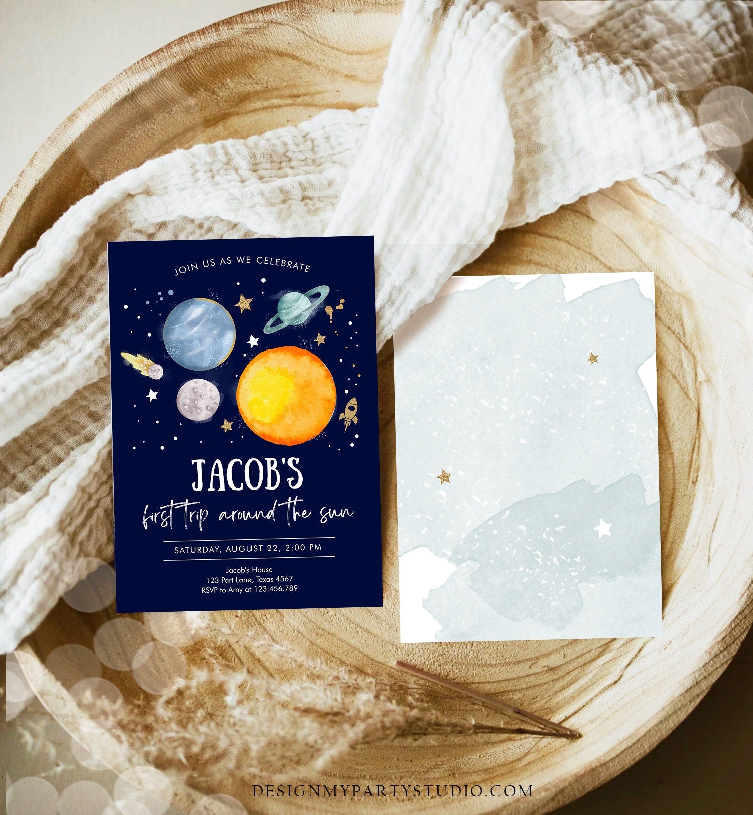 Editable Outer Space First Birthday Invitation Galaxy Blast Off First Trip Around the Sun Digital Download Template Printable 0357