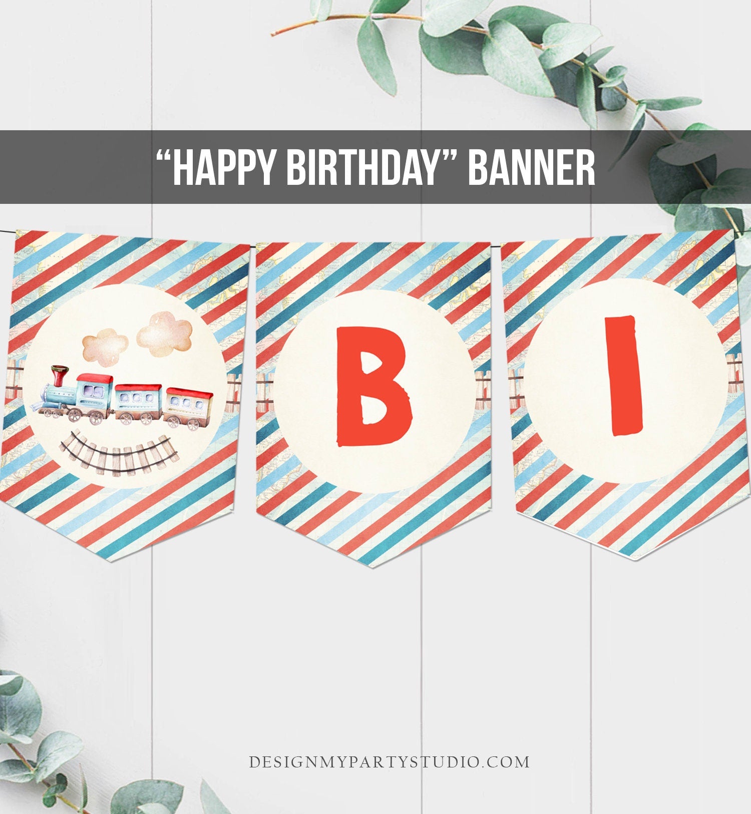 Happy Birthday Banner Train Birthday Banner Train Birthday Boy Blue Red Train Choo Choo Decorations Instant Digital Download Printable 0149