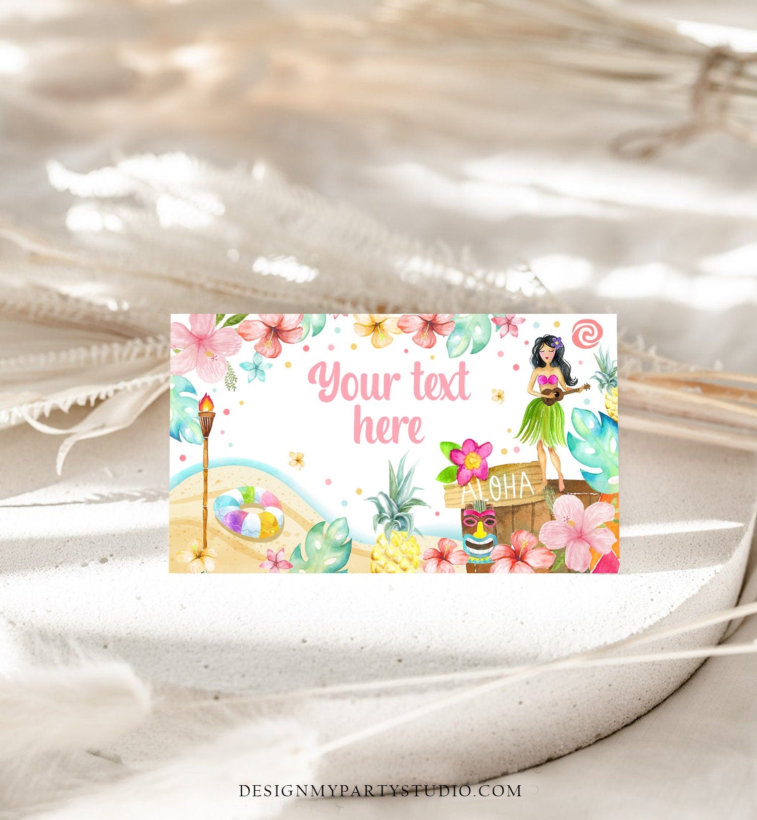 Editable Hawaiian Food Labels Luau Birthday Party Food Card Tent Card Girl Pink Tropical Name Card Pool Party Hawaii Template Digital 0413