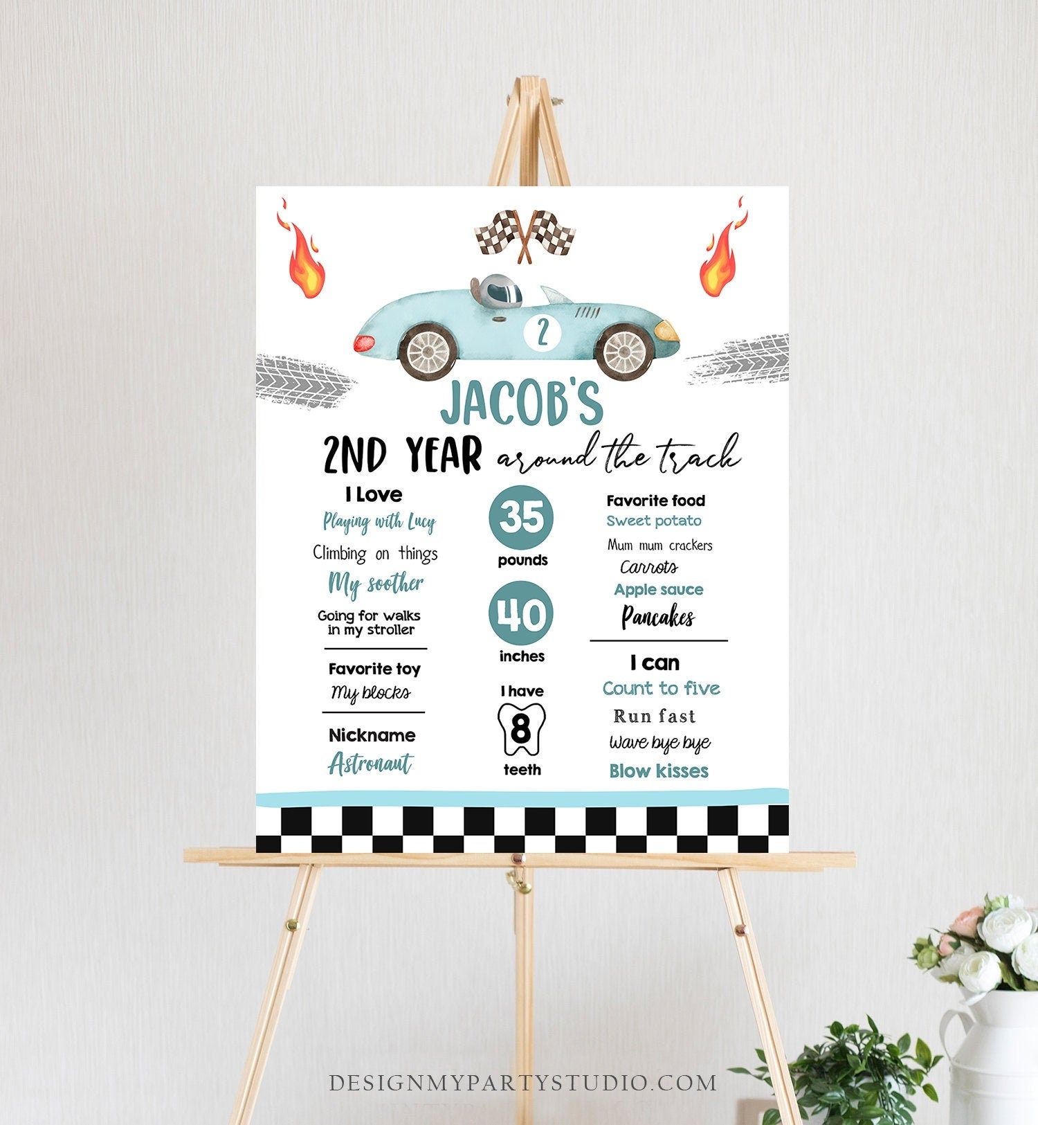 Editable Racing Birthday Milestones Sign Growing Up Two Fast Boy 2nd Year Around the Track Race Car ANY AGE Template Printable Corjl 0424