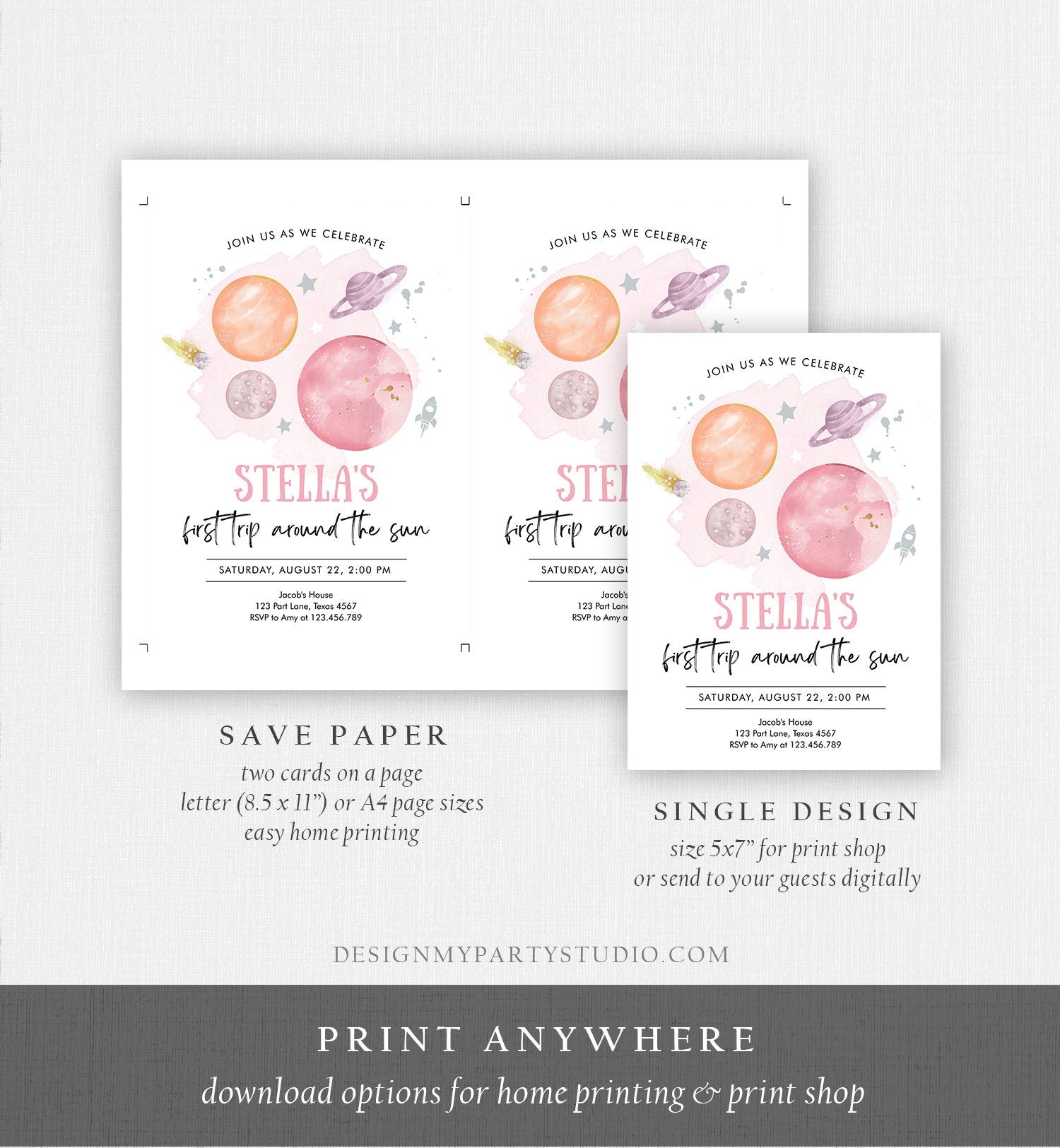 Editable Outer Space Girl First Birthday Invitation Galaxy First Trip Around the Sun Pink Silver Digital Download Template Printable 0357