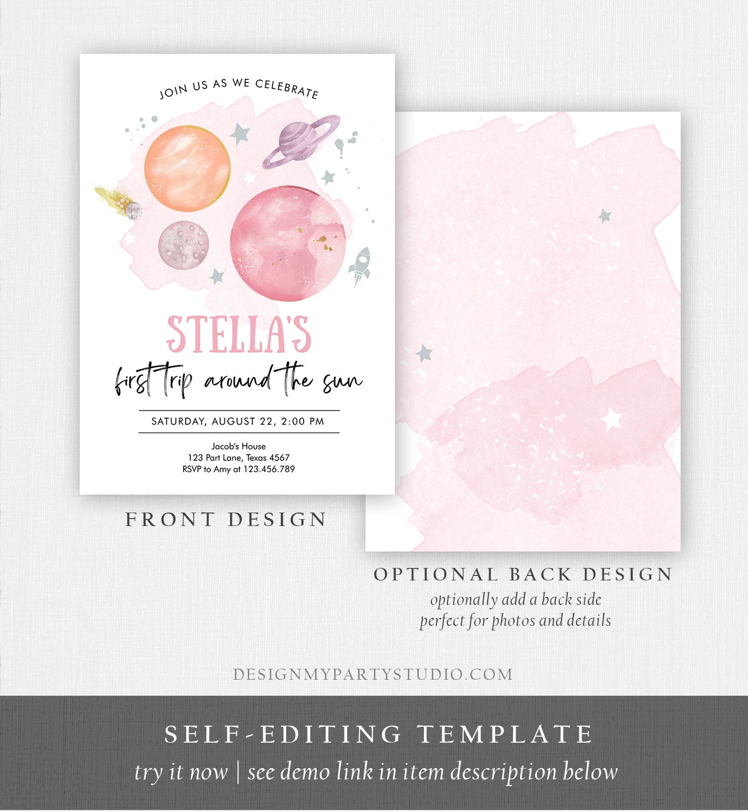 Editable Outer Space Girl First Birthday Invitation Galaxy First Trip Around the Sun Pink Silver Digital Download Template Printable 0357