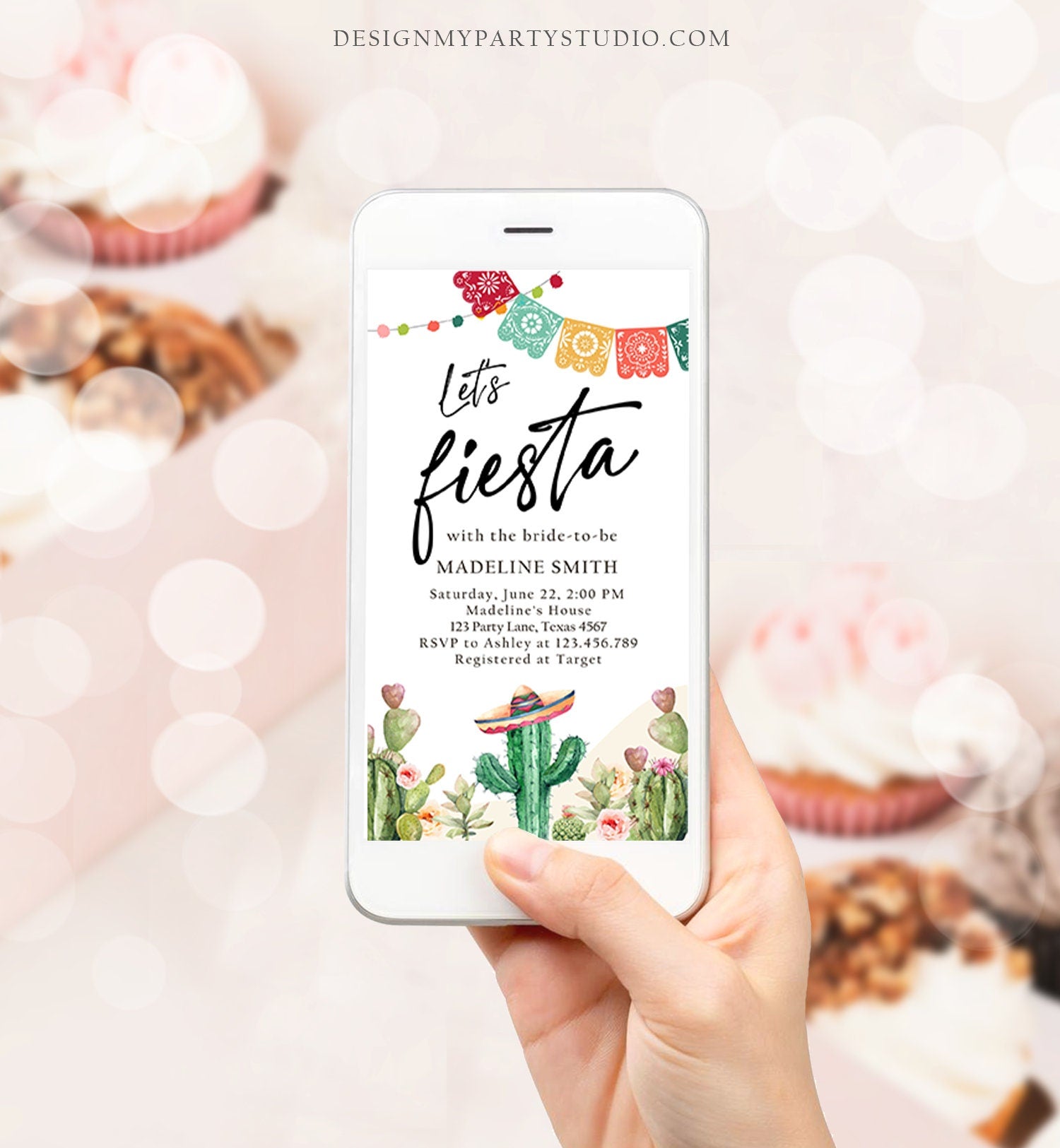 Editable Fiesta Bridal Shower Evite Couples Shower Mexican Cactus Succulent Desert Floral Invitation Phone Electronic Template Corjl 0404
