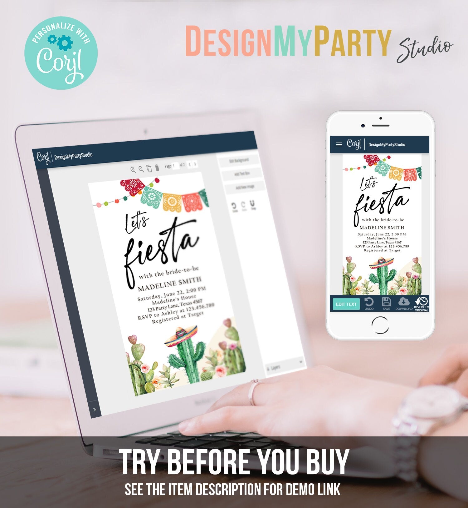Editable Fiesta Bridal Shower Evite Couples Shower Mexican Cactus Succulent Desert Floral Invitation Phone Electronic Template Corjl 0404