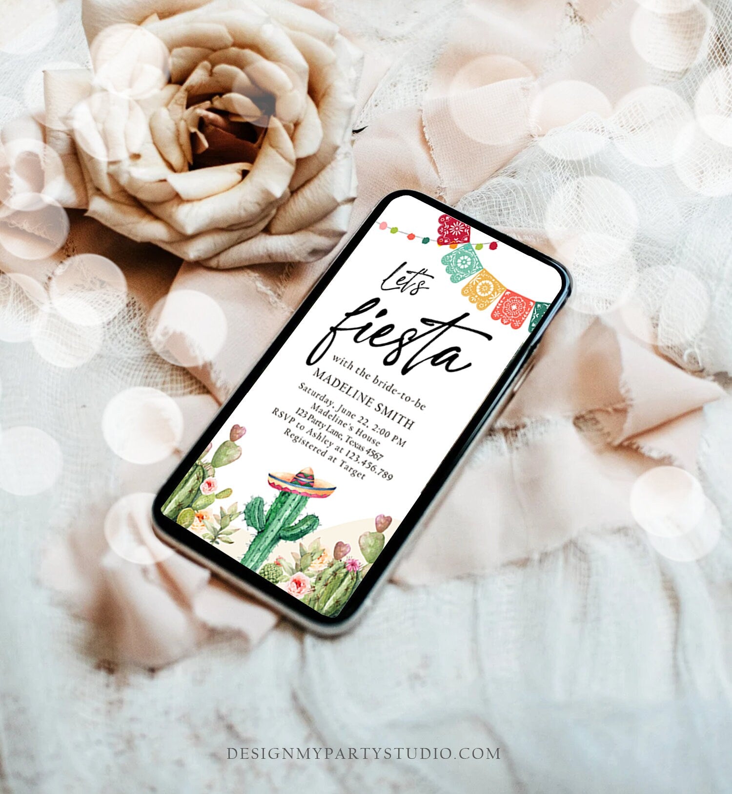 Editable Fiesta Bridal Shower Evite Couples Shower Mexican Cactus Succulent Desert Floral Invitation Phone Electronic Template Corjl 0404