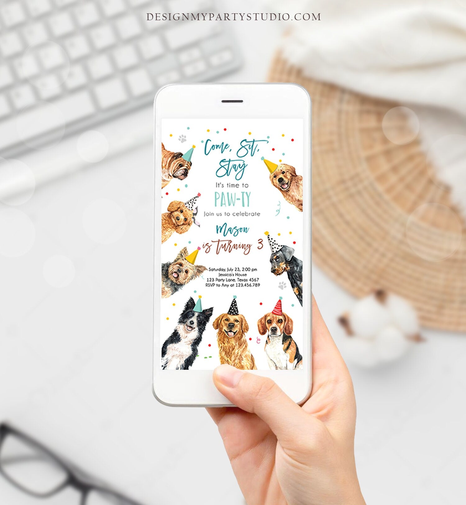 Editable Dog Birthday Party Evite Puppy Birthday Boys Blue Doggy Shelter Animal Pet Vet Phone Electronic Digital Download Template 0384