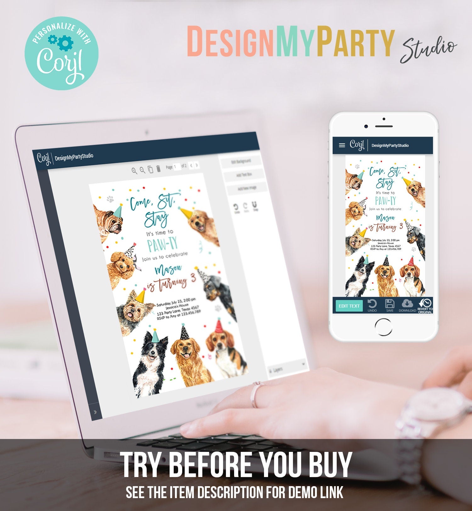 Editable Dog Birthday Party Evite Puppy Birthday Boys Blue Doggy Shelter Animal Pet Vet Phone Electronic Digital Download Template 0384