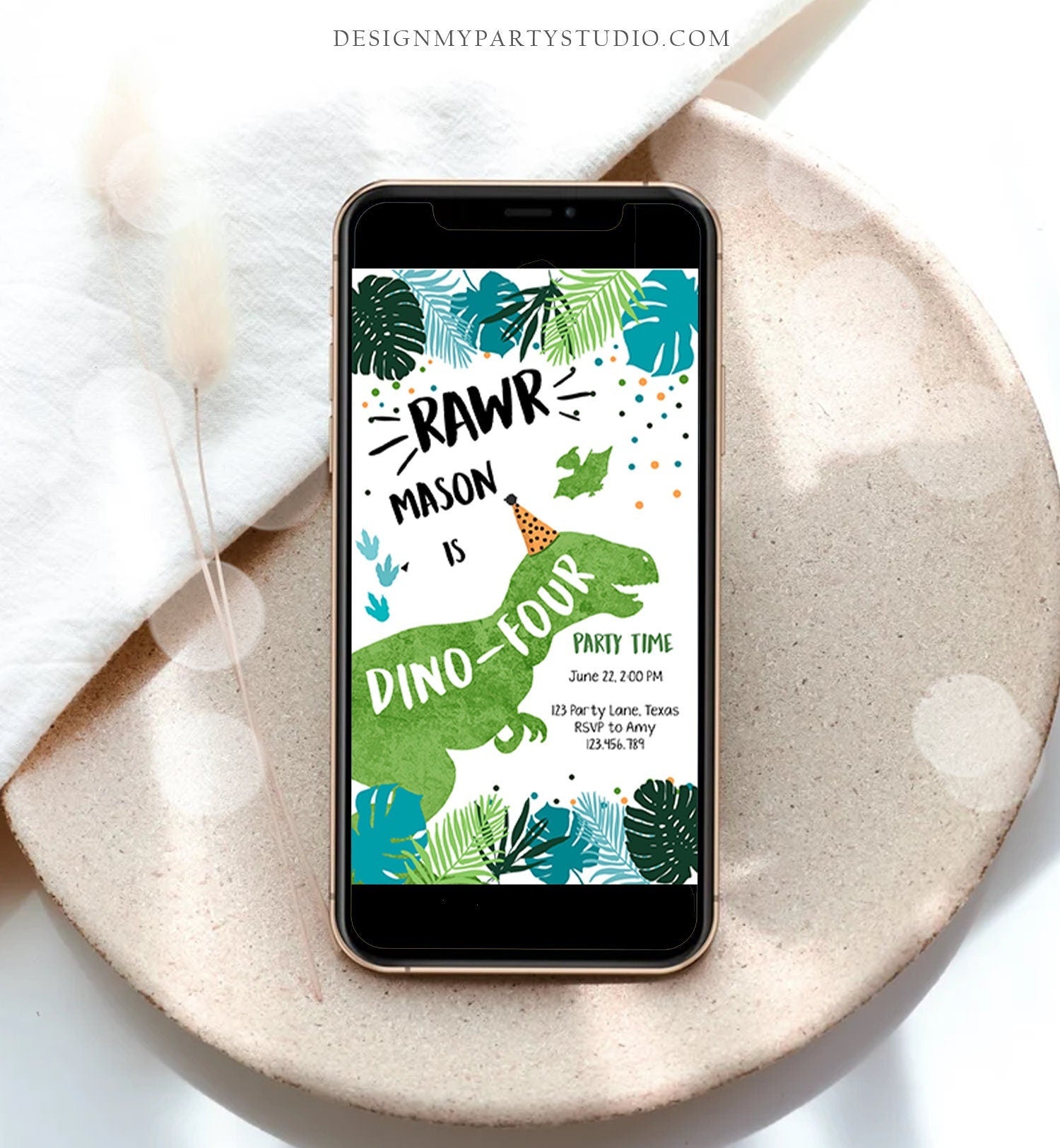 Editable Dino-Four Dinosaur Birthday Evite Dino T-Rex 4th Birthday Invitation Fourth Boy Green Prehistoric Phone Digital Corjl Template 0389