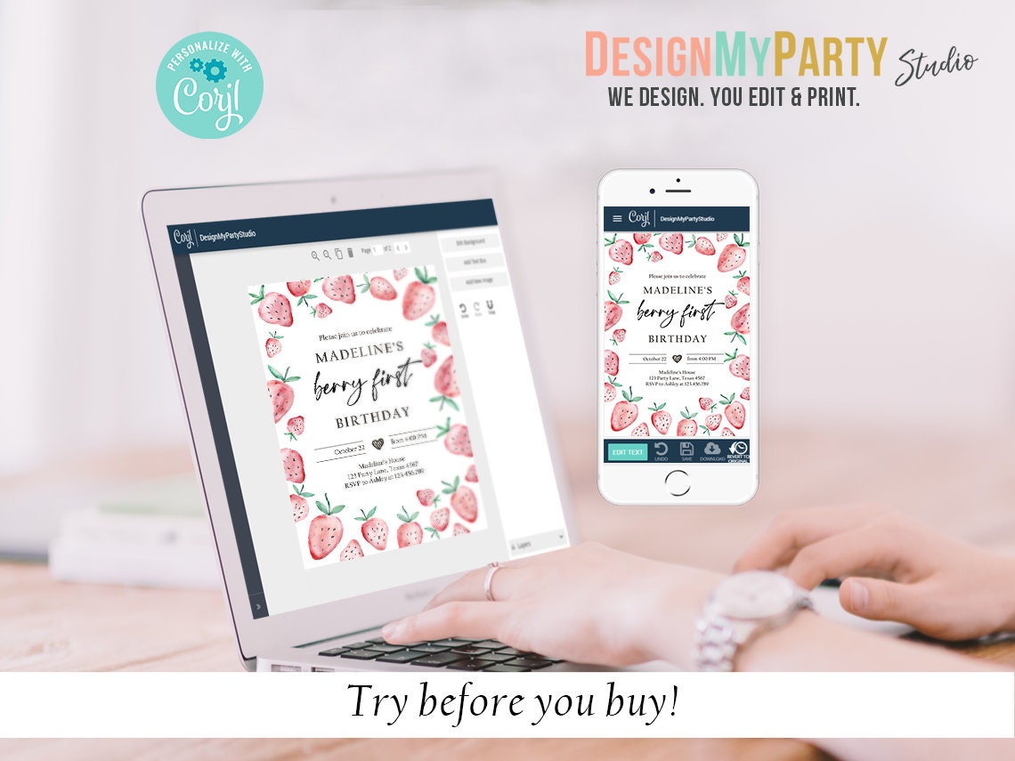 Strawberry Birthday Birthday Invitation Bundle First Birthday Berry Sweet Party Pack Birthday Girl Package Digital Template Printable 0399
