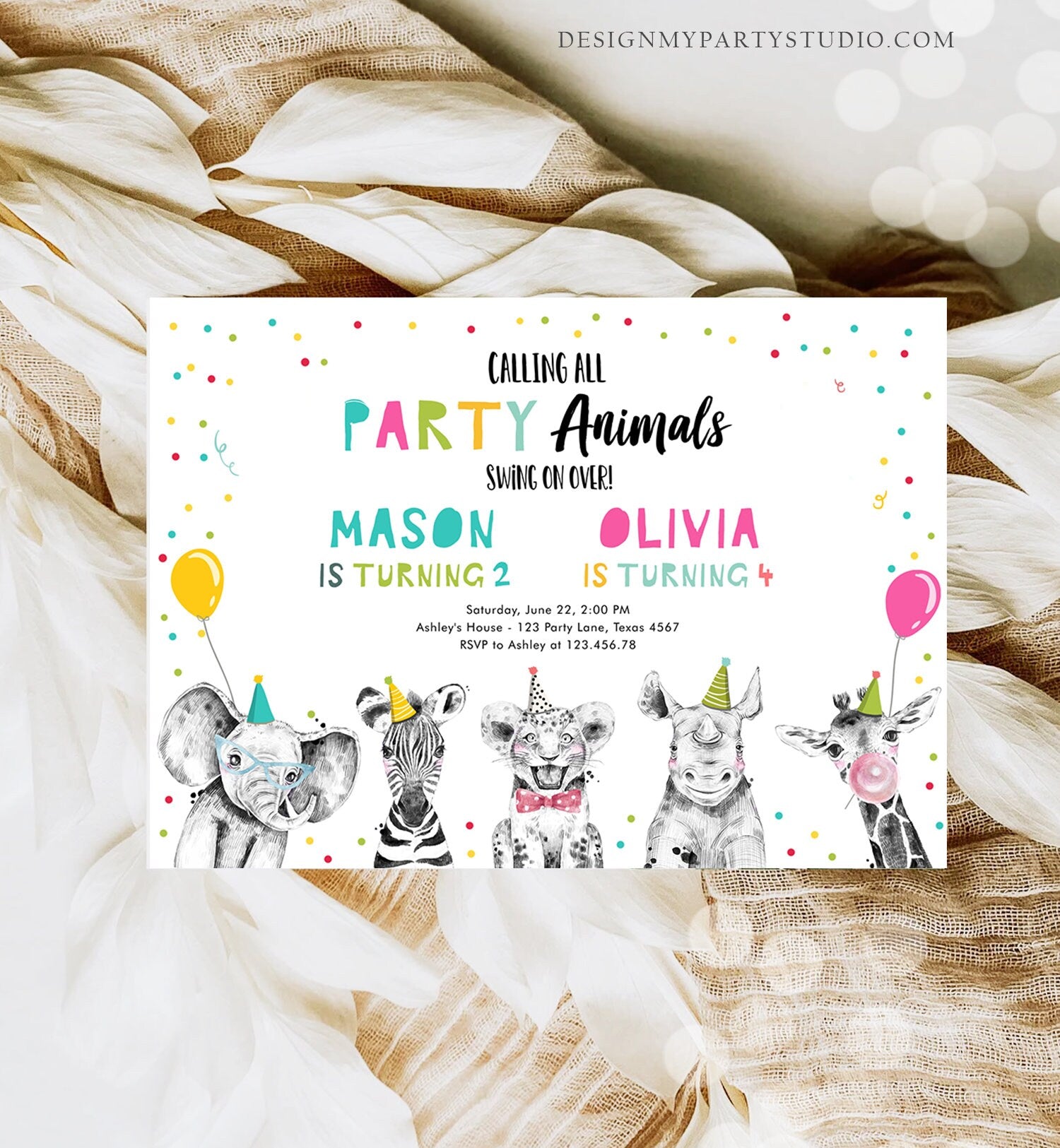 Editable Party Animals Birthday Invitation Wild One Safari Animals ANY AGE Boy Girl Siblings Combined Joint Corjl Template Printable 0390