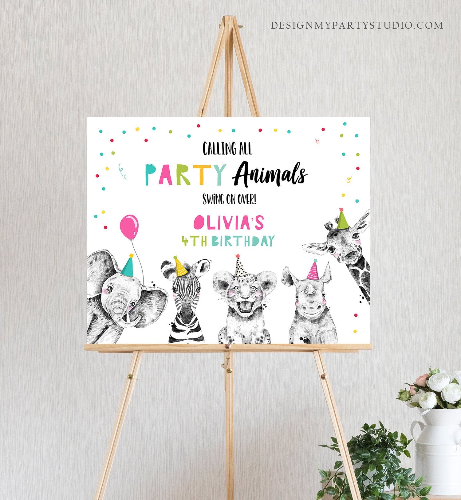 Editable Party Animals Welcome Sign Party Animal Sign Zoo Safari Animals Welcome Jungle Sign Girl Birthday Digital Template Printable 0390