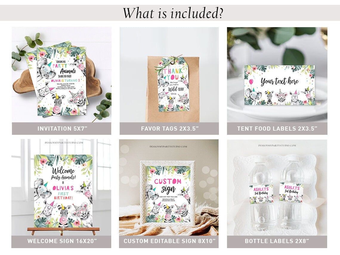 Party Animals Birthday Invitation Bundle Wild One Animals Zoo Safari Animals Girl Two Wild Party Pack Jungle Printable Corjl Template 0322