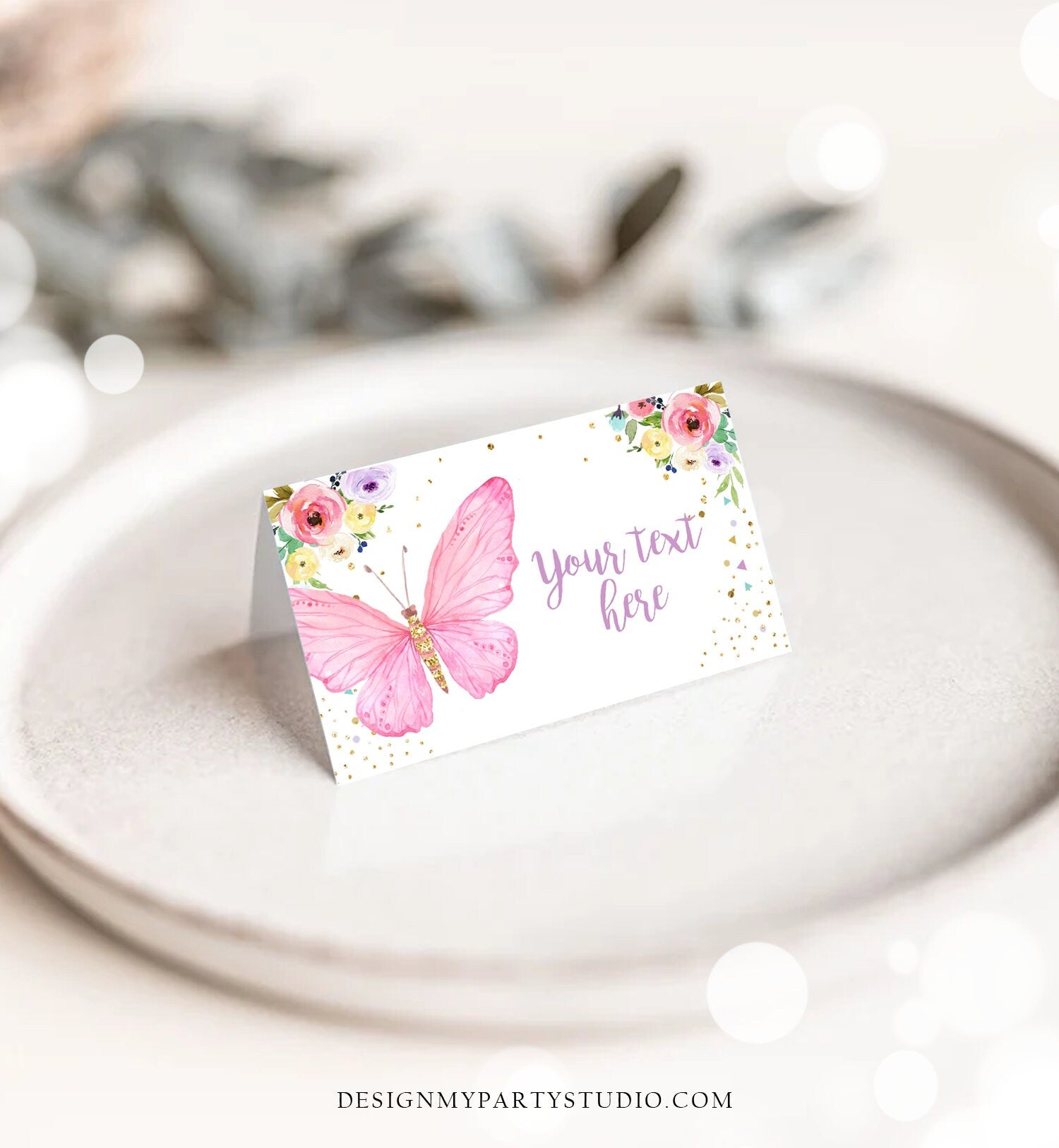 Editable Butterfly Food Labels Floral Butterfly Birthday Food Cards Tent Card Girl Pink Gold Buffet Label Tent Card Template Printable 0162