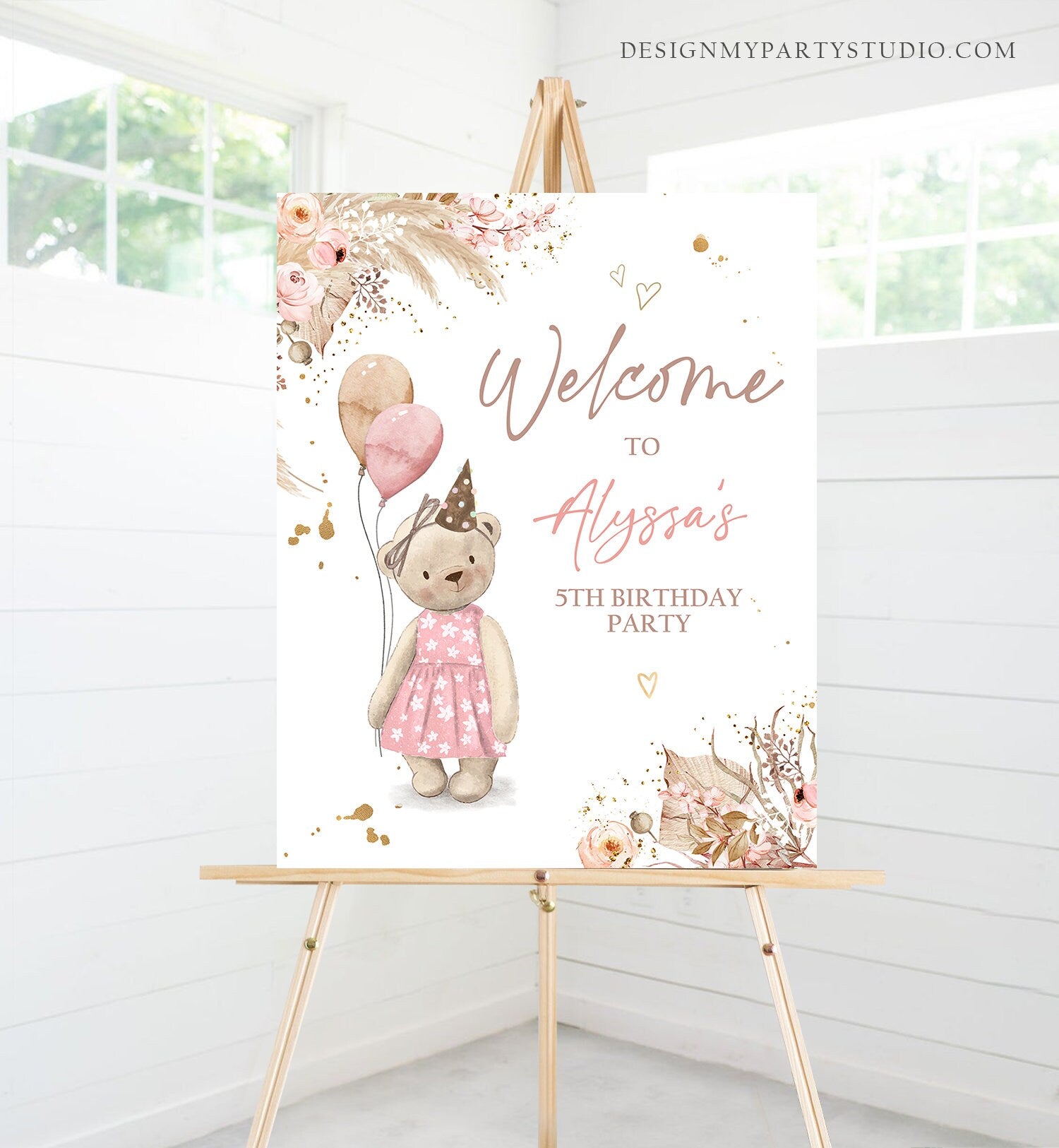 Editable Boho Teddy Bear Birthday Welcome Sign Bear Girl Bear-y First Teddy Picnic Pink Boho Rustic Bear Digital Template Printable 0421