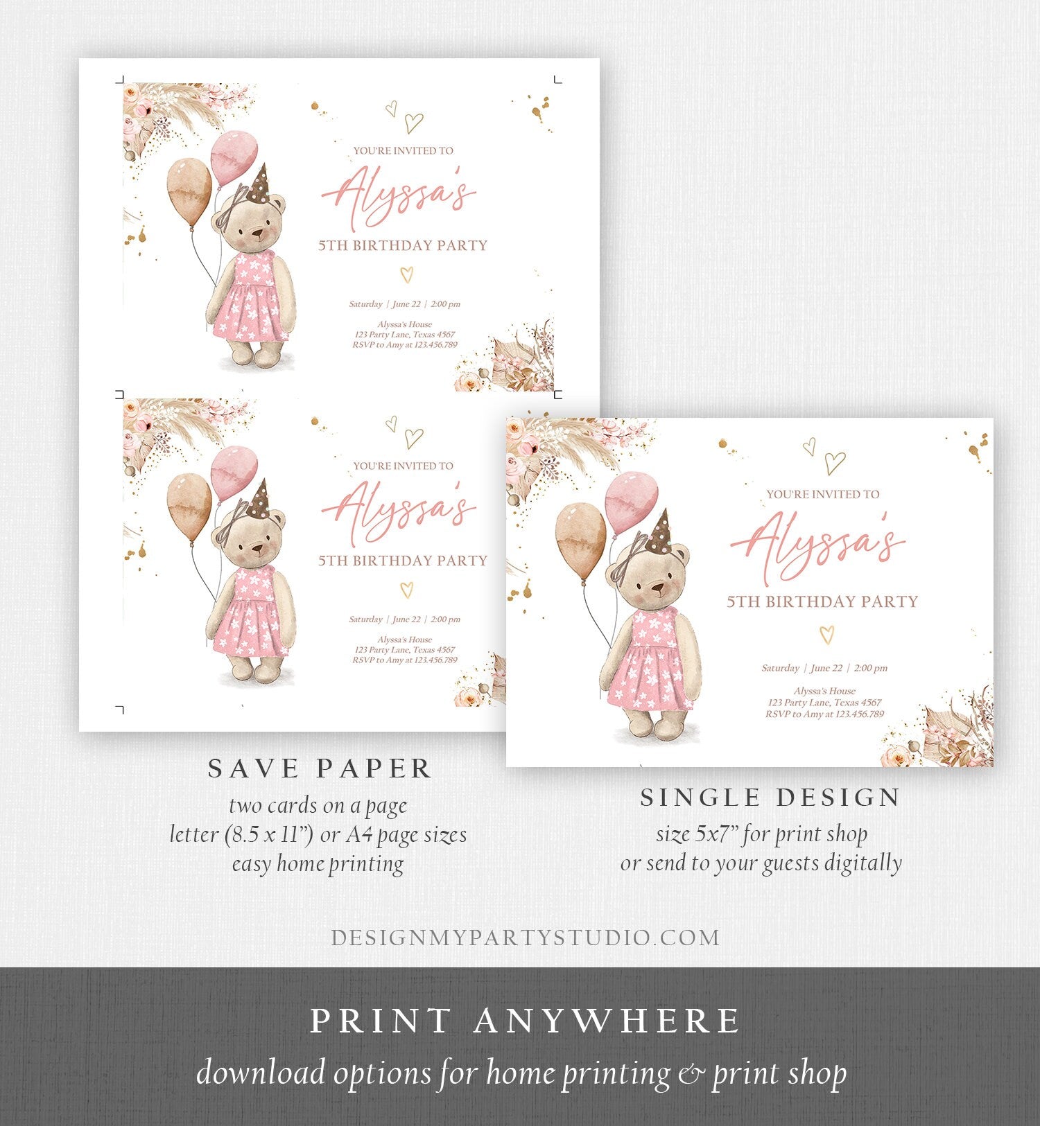 Editable Cute Teddy Bear Birthday Invitation Girl Boho Teddy Bear Picnic Summer Pampas Grass Pink Digital Download Template Printable 0421