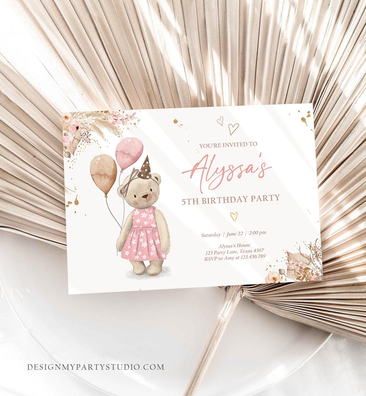 Editable Cute Teddy Bear Birthday Invitation Girl Boho Teddy Bear Picnic Summer Pampas Grass Pink Digital Download Template Printable 0421