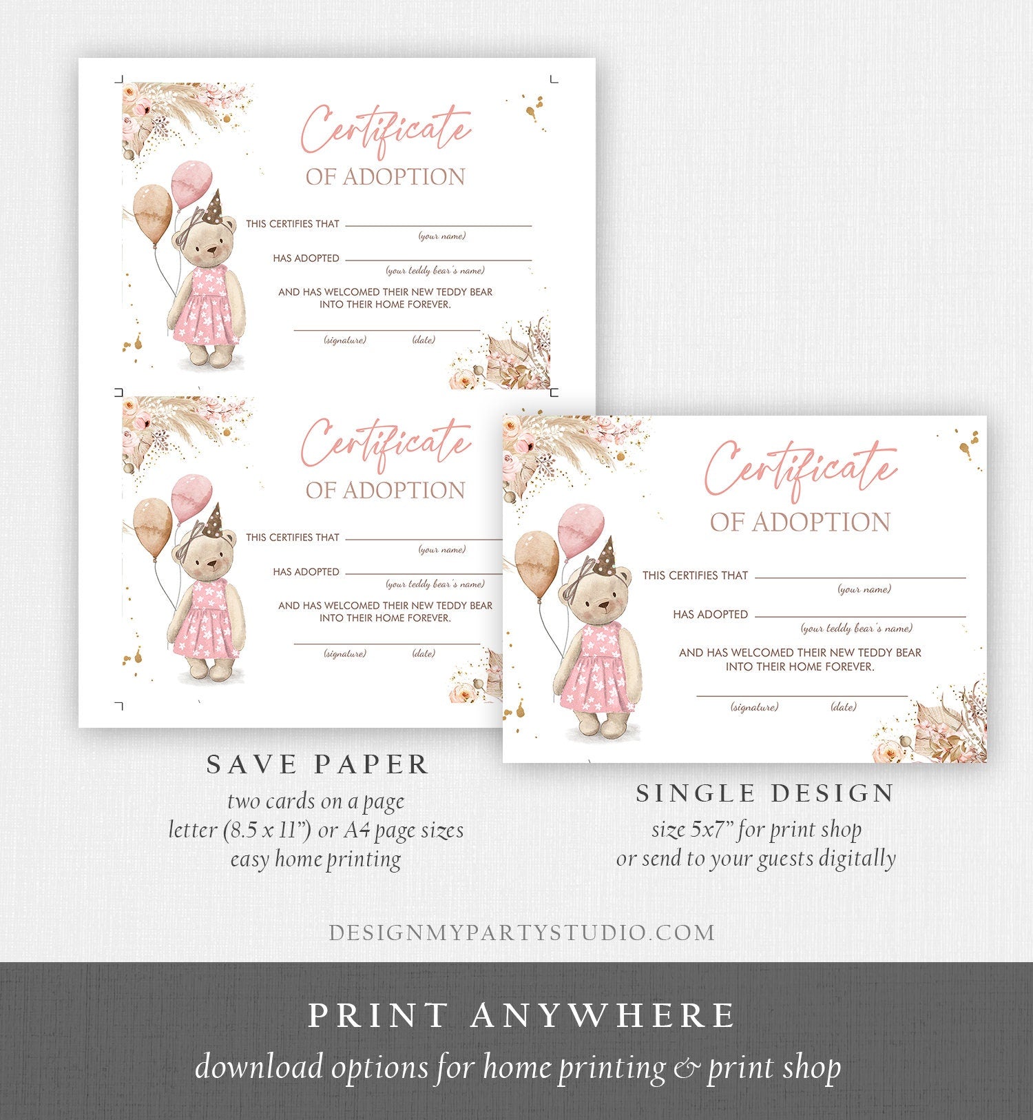 Teddy Bear Adoption Certificate Teddy Bear Birthday Boho Teddy Bear Picnic Girl Pink Adopt a Teddy Favors Digital Download Printable 0421