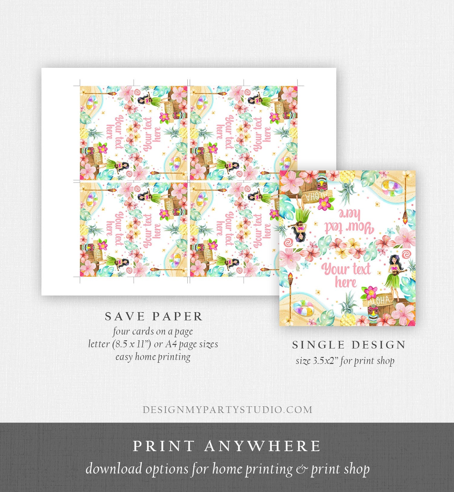 Editable Hawaiian Food Labels Luau Birthday Party Food Card Tent Card Girl Pink Tropical Name Card Pool Party Hawaii Template Digital 0413