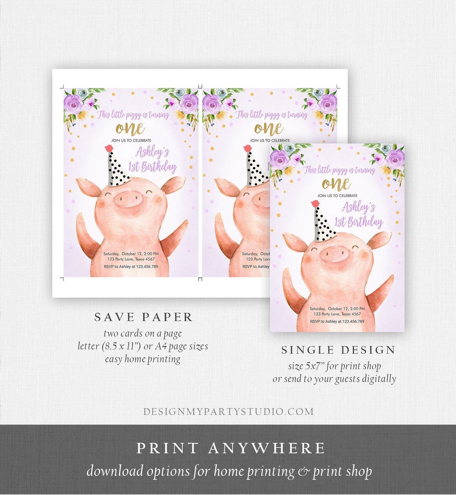 Editable Pig Birthday Invitation Girl Farm Animals Purple Floral Barnyard Party Download Printable Invitation Template Evite Digital 0188